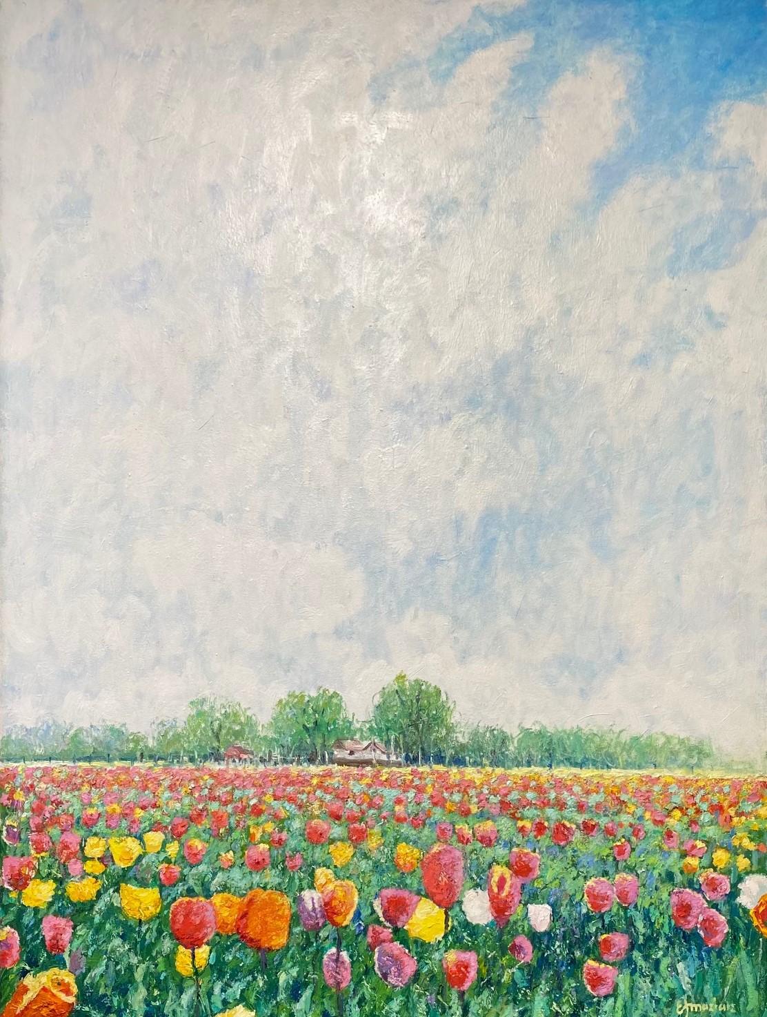 Tulips from Heaven, original 40x30 contemporary expressionist floral landscape - Painting by Eugene Maziarz