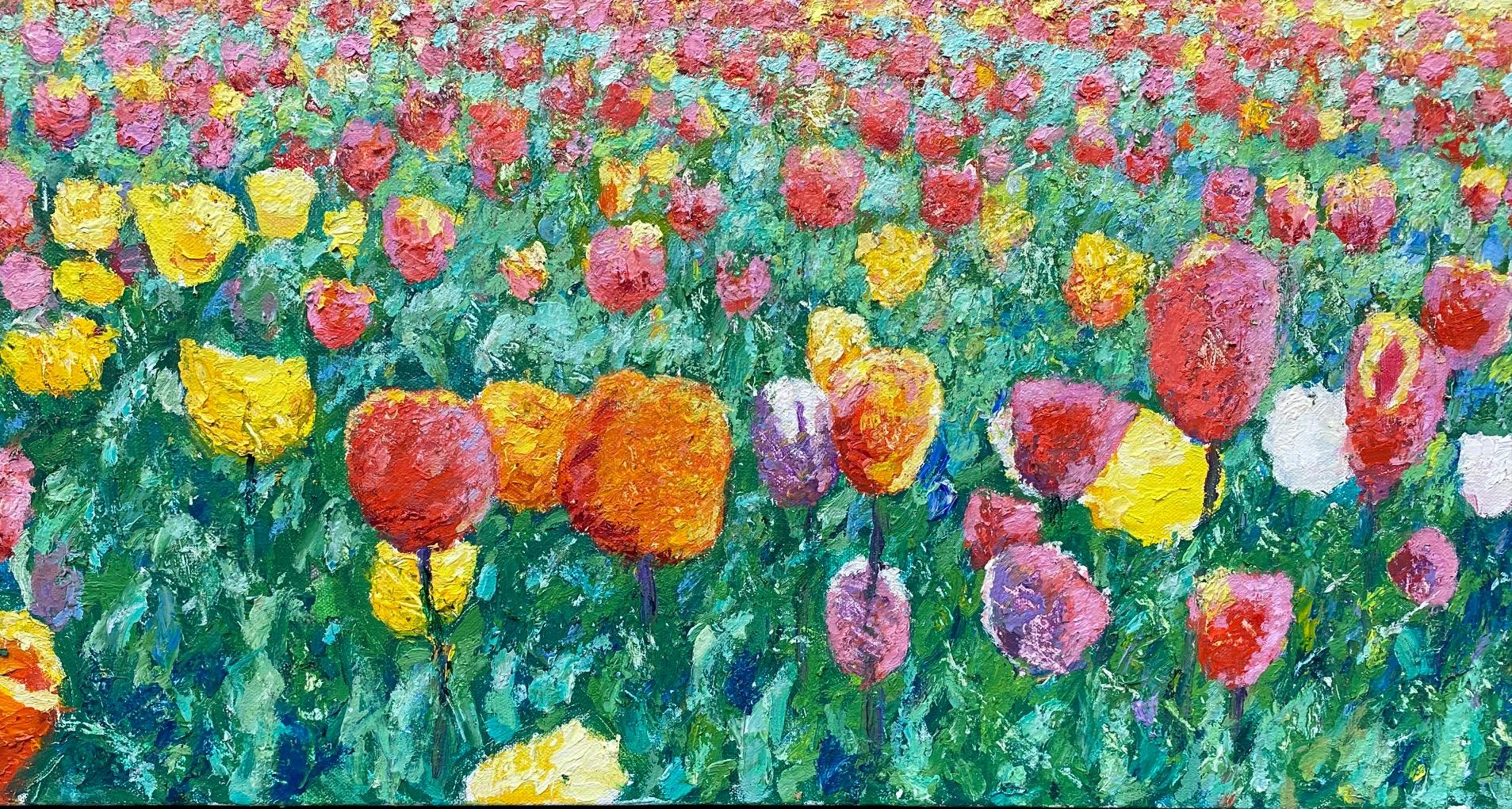 Peinture florale expressionniste contemporaine originale Tulips from Heaven, 40x30 - Beige Abstract Painting par Eugene Maziarz
