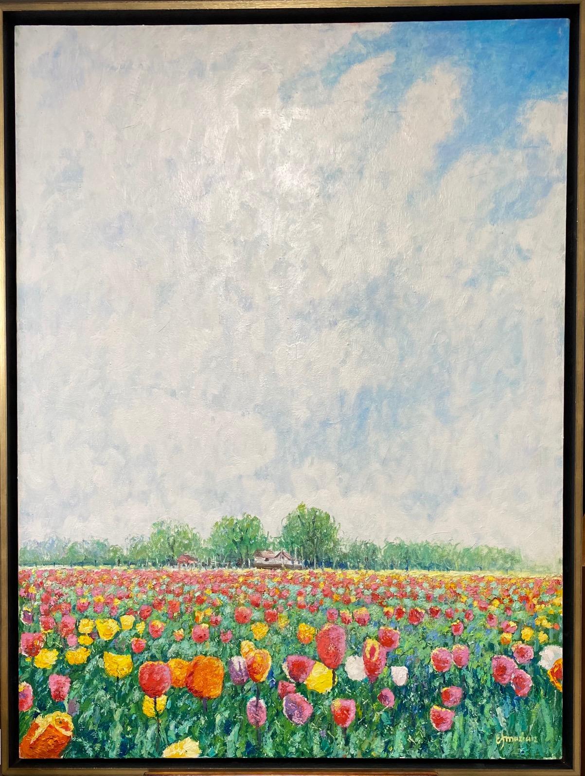 Eugene Maziarz Abstract Painting - Tulips from Heaven, original 40x30 contemporary expressionist floral landscape