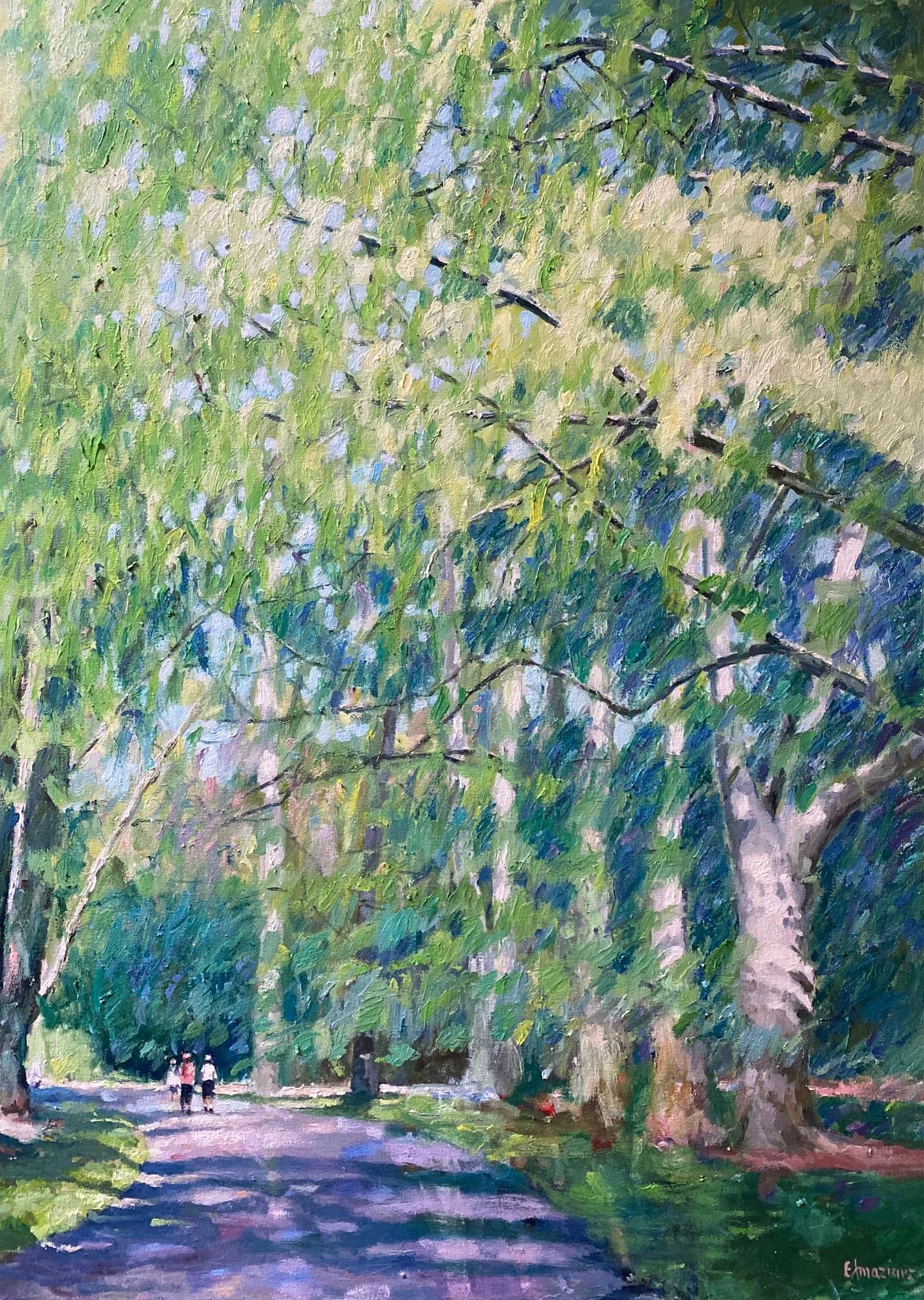 Under the Umbrella, paysage figuratif impressionniste original 40x30 - Painting de Eugene Maziarz