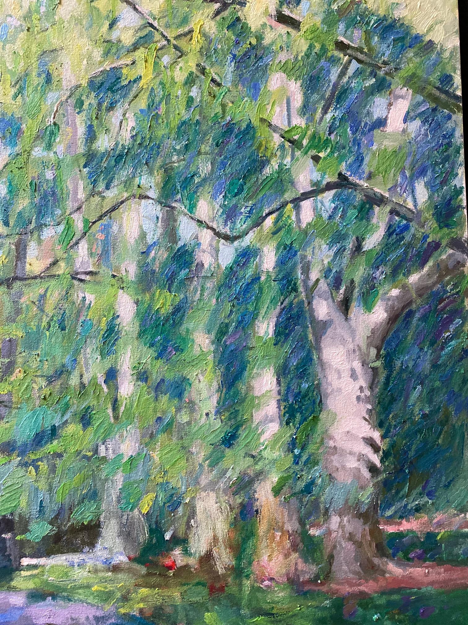 Sotto l'ombrello, paesaggio figurativo impressionista originale 40x30 - Figurative Painting Grigio di Eugene Maziarz