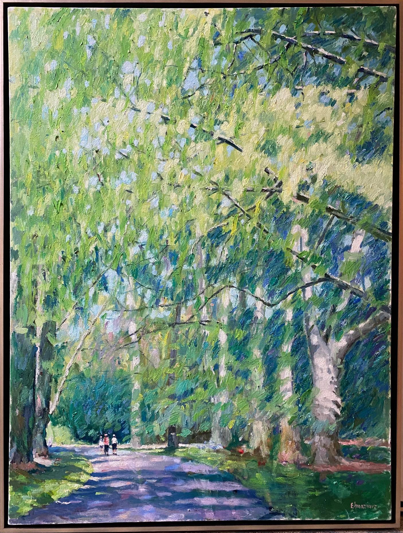 Bajo el paraguas, paisaje figurativo impresionista original de 40x30