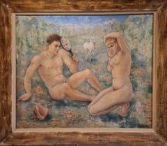 Venus At Her Mirror, Chastity Looking On. Allegorical Mid Century Oil On Canvas