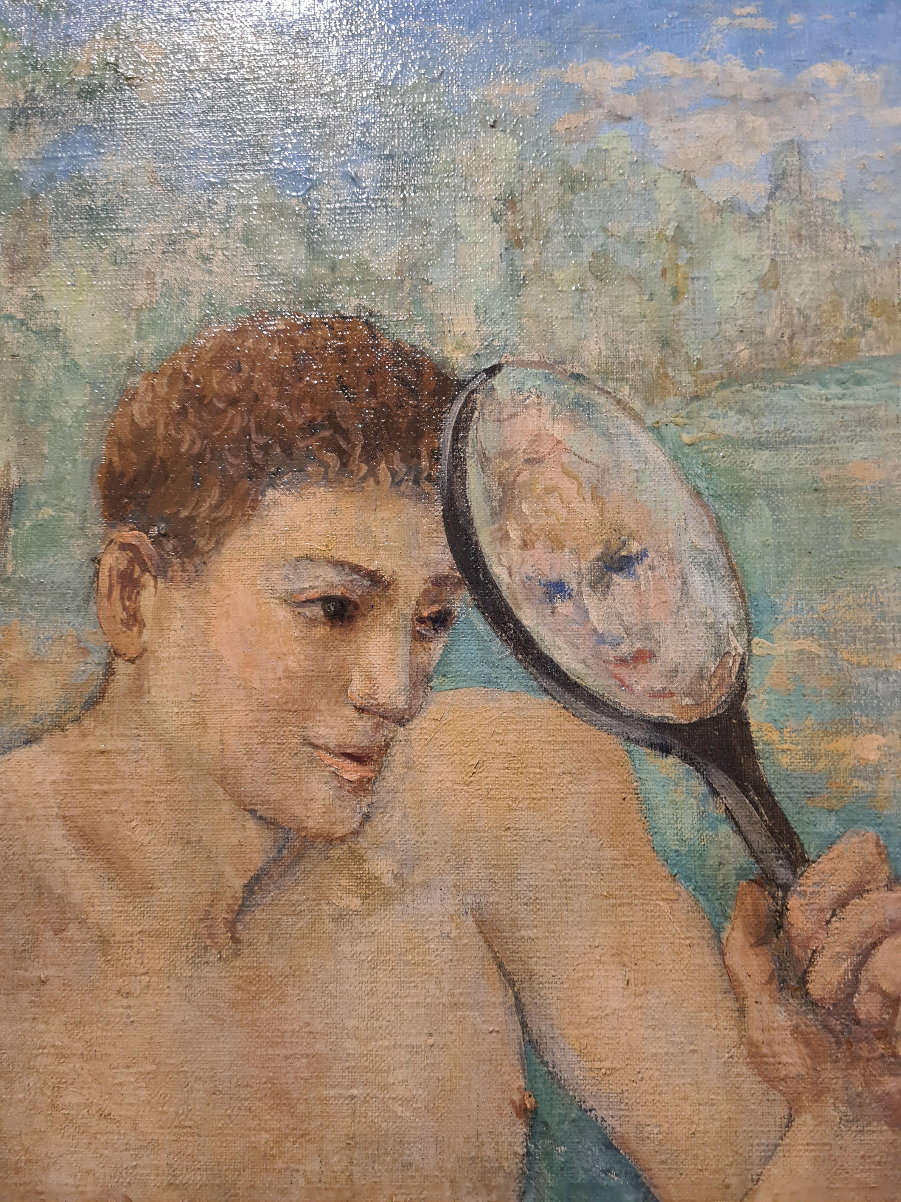 Venere al suo specchio, Chastity che guarda. Olio su tela allegorico della metà del secolo scorso 2