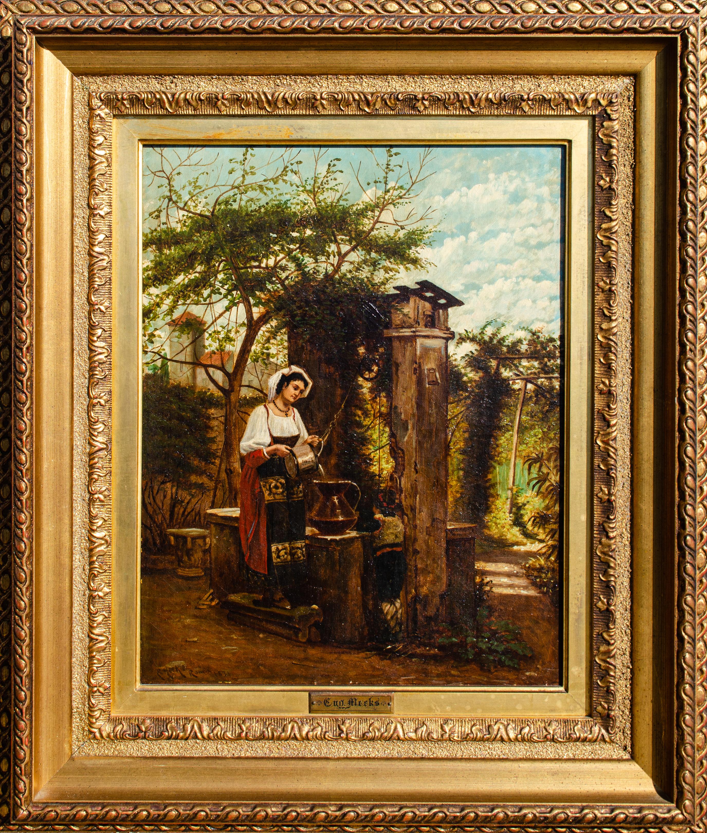 Eugene Meeks English oil painting of a woman at a well titled 