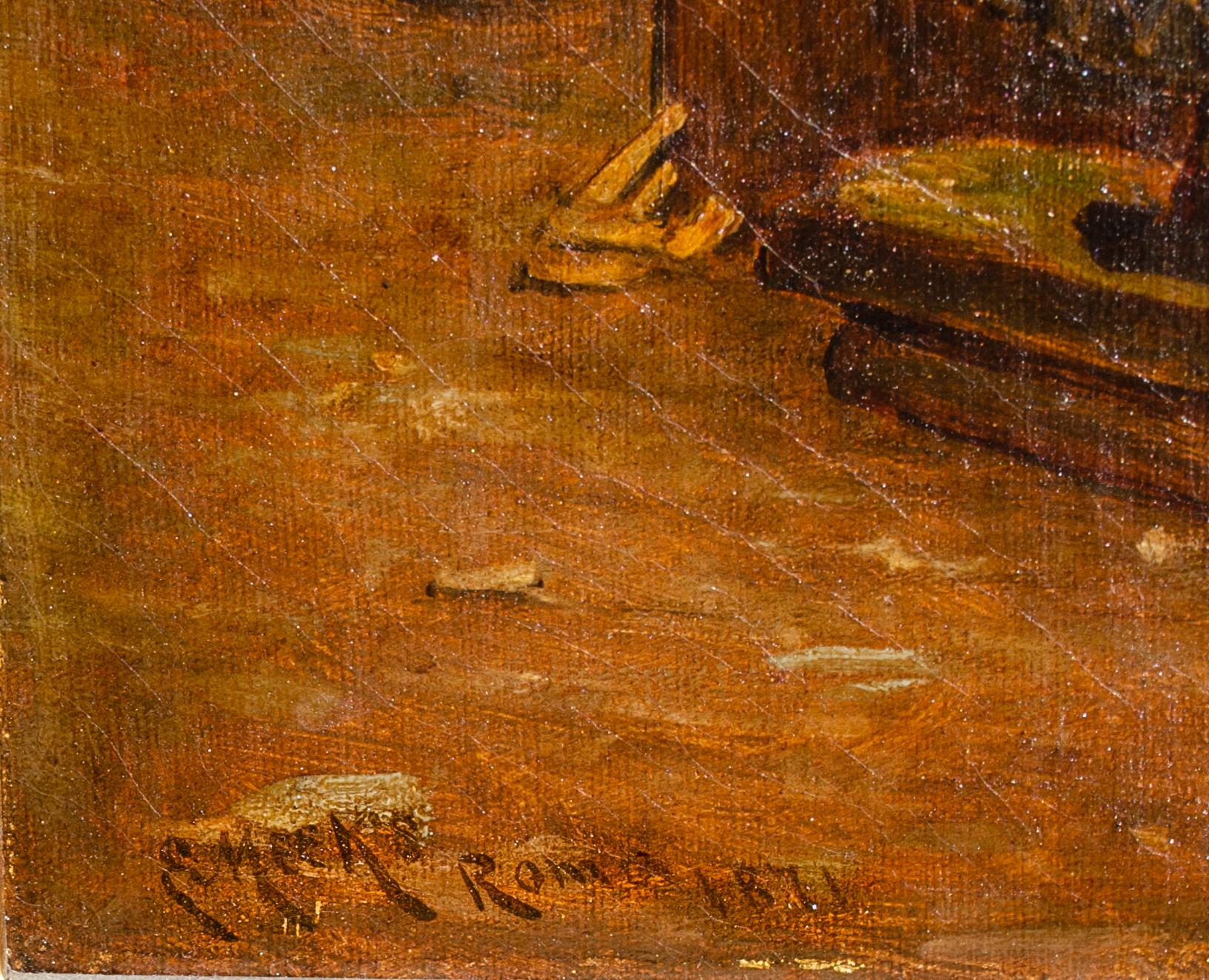 Peinture à l'huile ancienne de Guy Meeks représentant une femme près d'un puits.
Signé en bas à droite : G Meeks, Rome, 1871
Dimensions encadrées : 24 1/2 x 21 in.