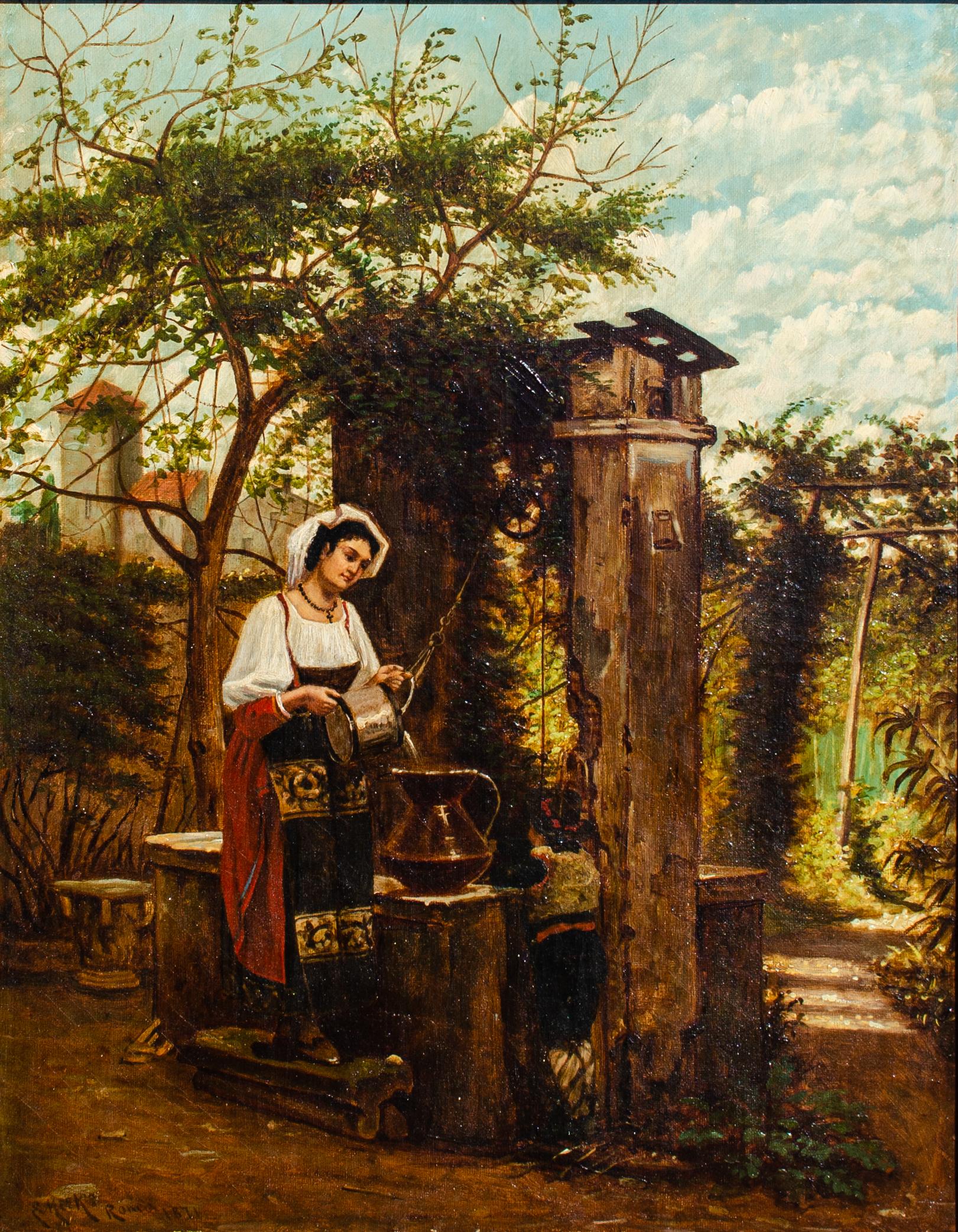 eugene meeks Figurative Painting - Eugene Meeks English oil painting of a woman at a well titled "Roma", dated 1871