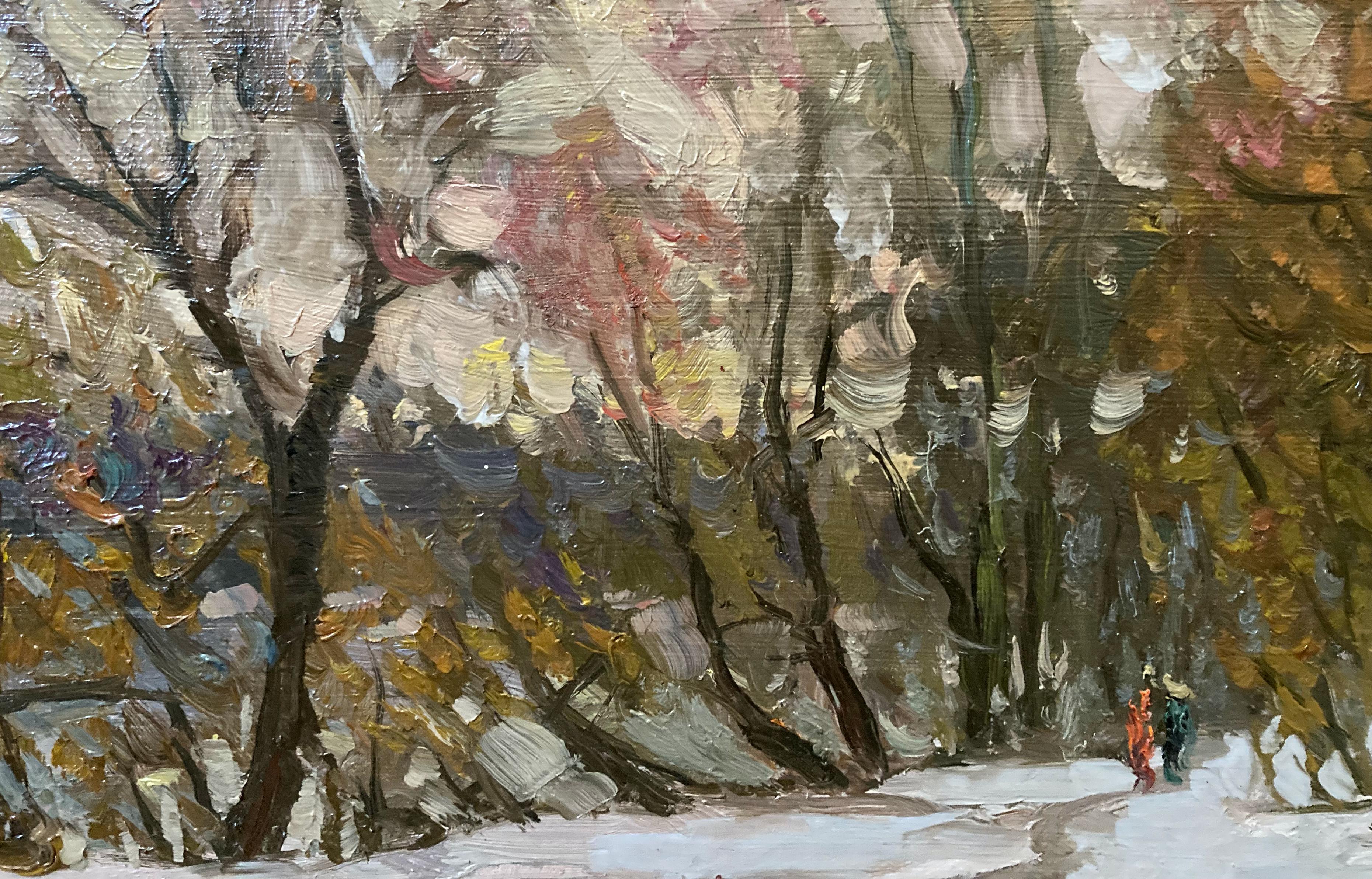 Winter Landscape (Framed Late 20th Century Modern Impressionist Painting) - Brown Landscape Painting by Eugene Moiseev
