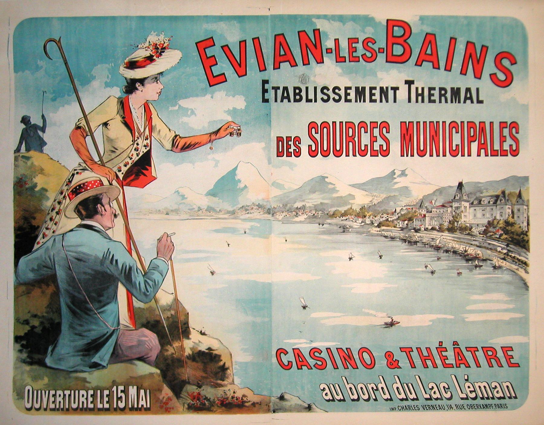 This delightful image iencourages the viewer to visit the lakeside community of Evian les Bains. In addition to it being the source of Evian Water, it was a destination for fine mineral baths. It offered the visitor hotels, theater, and a casino.