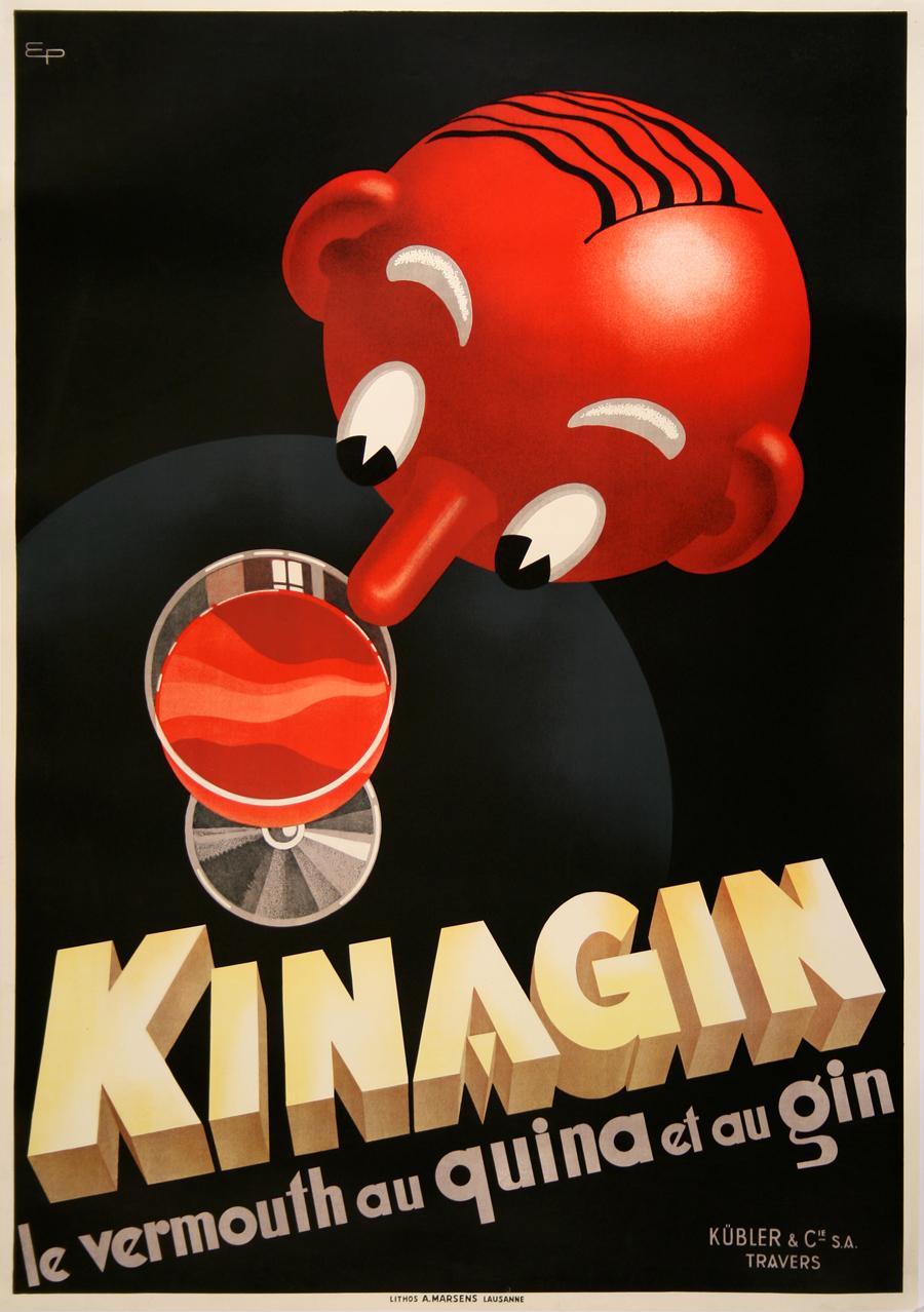 Kinagin Original Vintage Swiss Liquor Poster by Patke 1941 - Print by Eugene Patkevitch