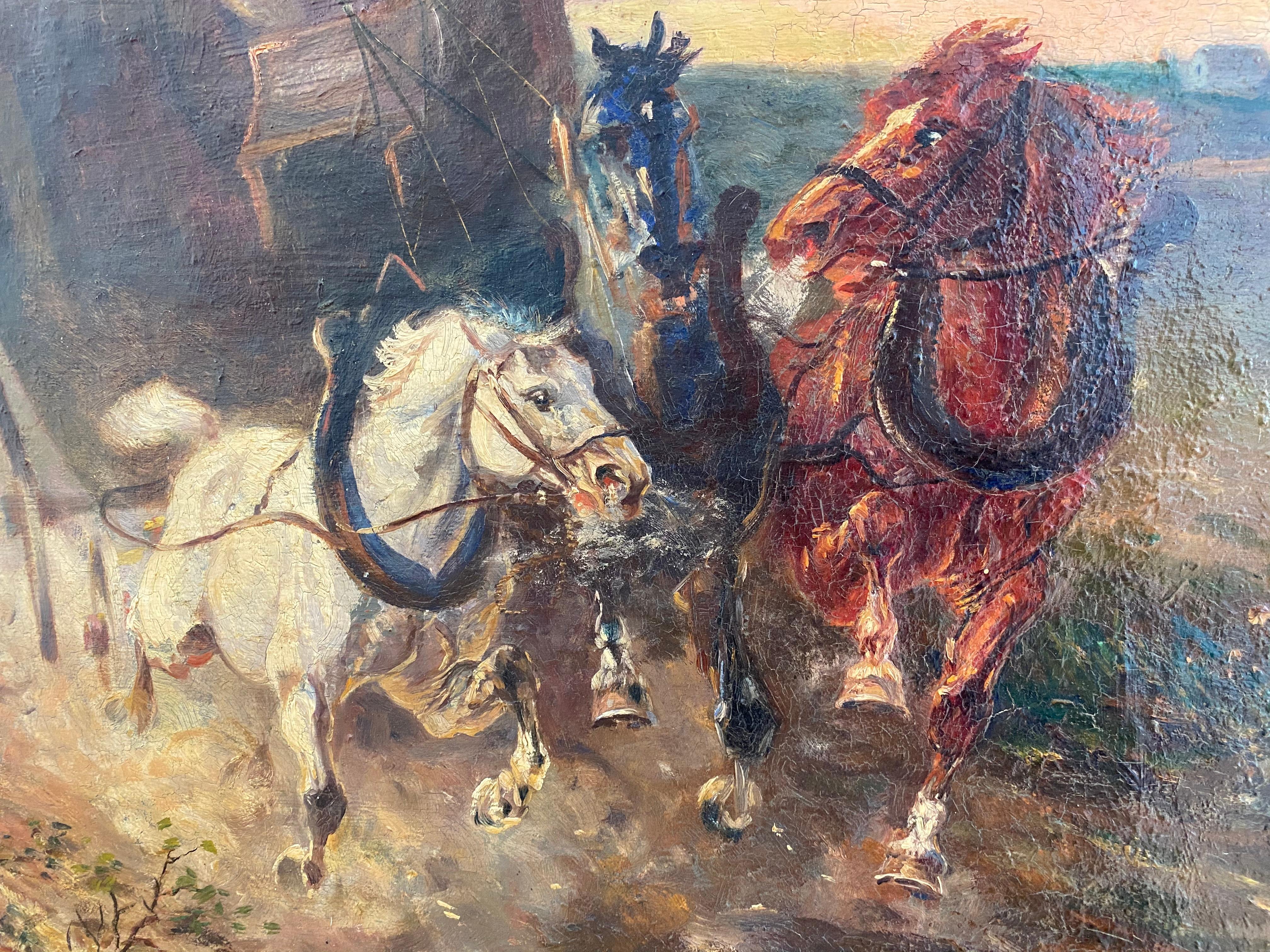 Painted Eugène Péchaubès - Oil on Canvas, Horses Pulling a Carriole at High Speed For Sale