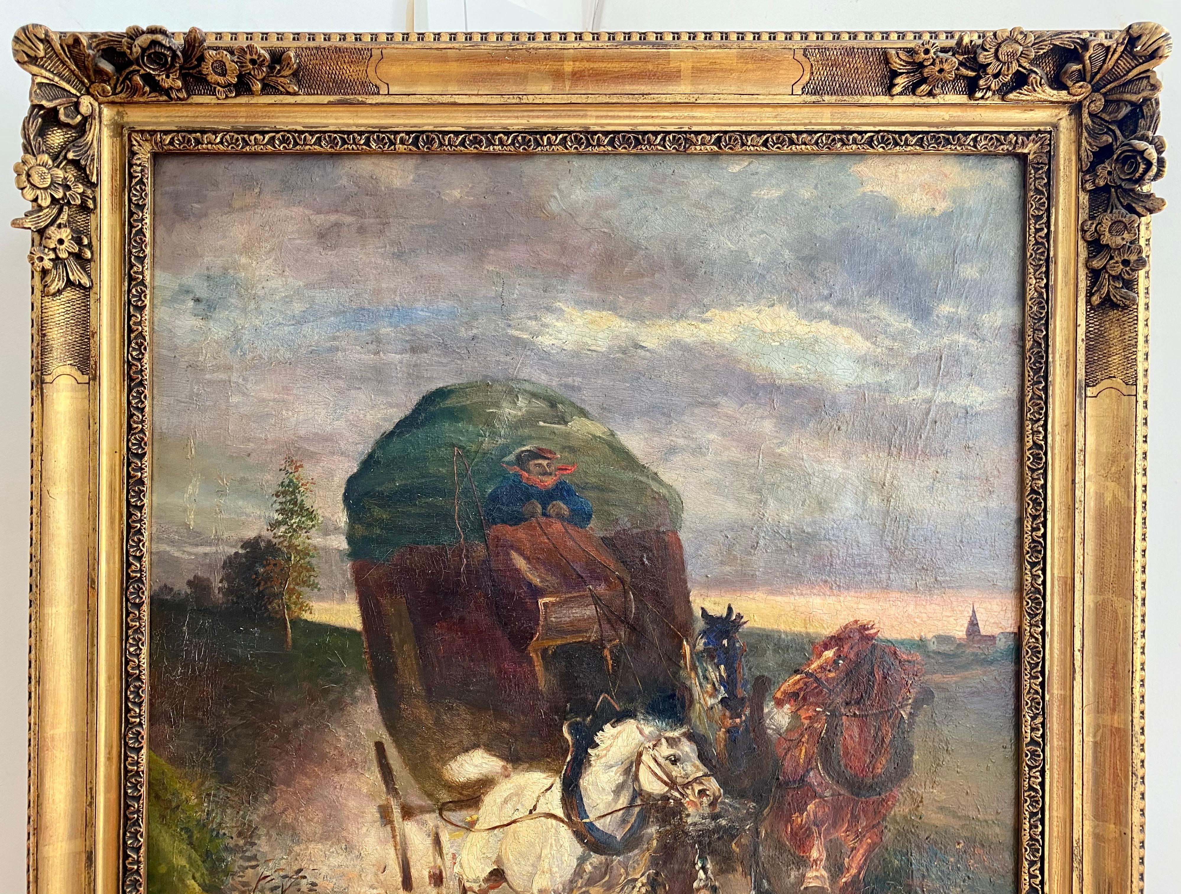 Eugène Péchaubès - Oil on Canvas, Horses Pulling a Carriole at High Speed In Good Condition For Sale In Beaune, FR