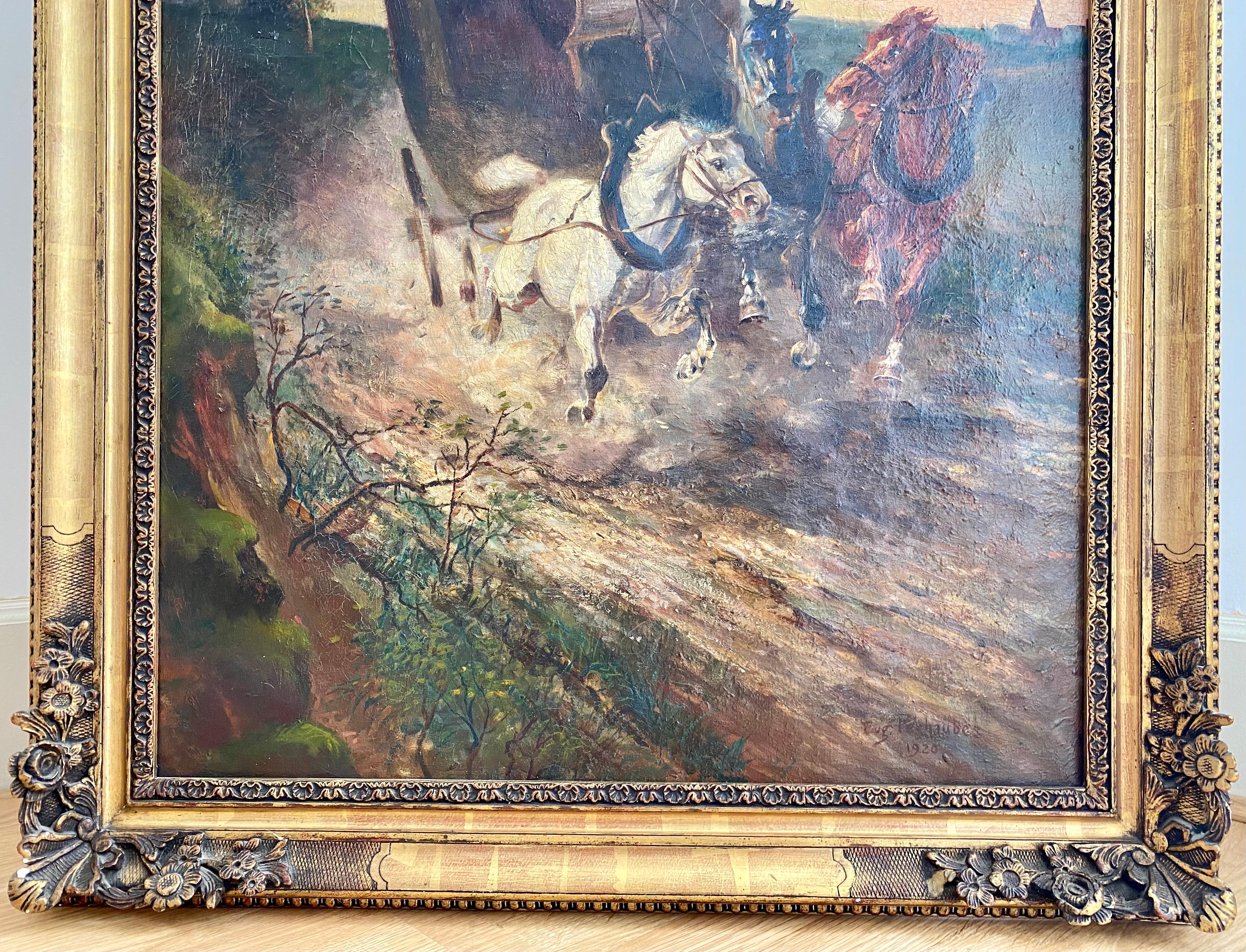 Eugène Péchaubès - Oil on Canvas, Horses Pulling a Carriole at High Speed For Sale 3