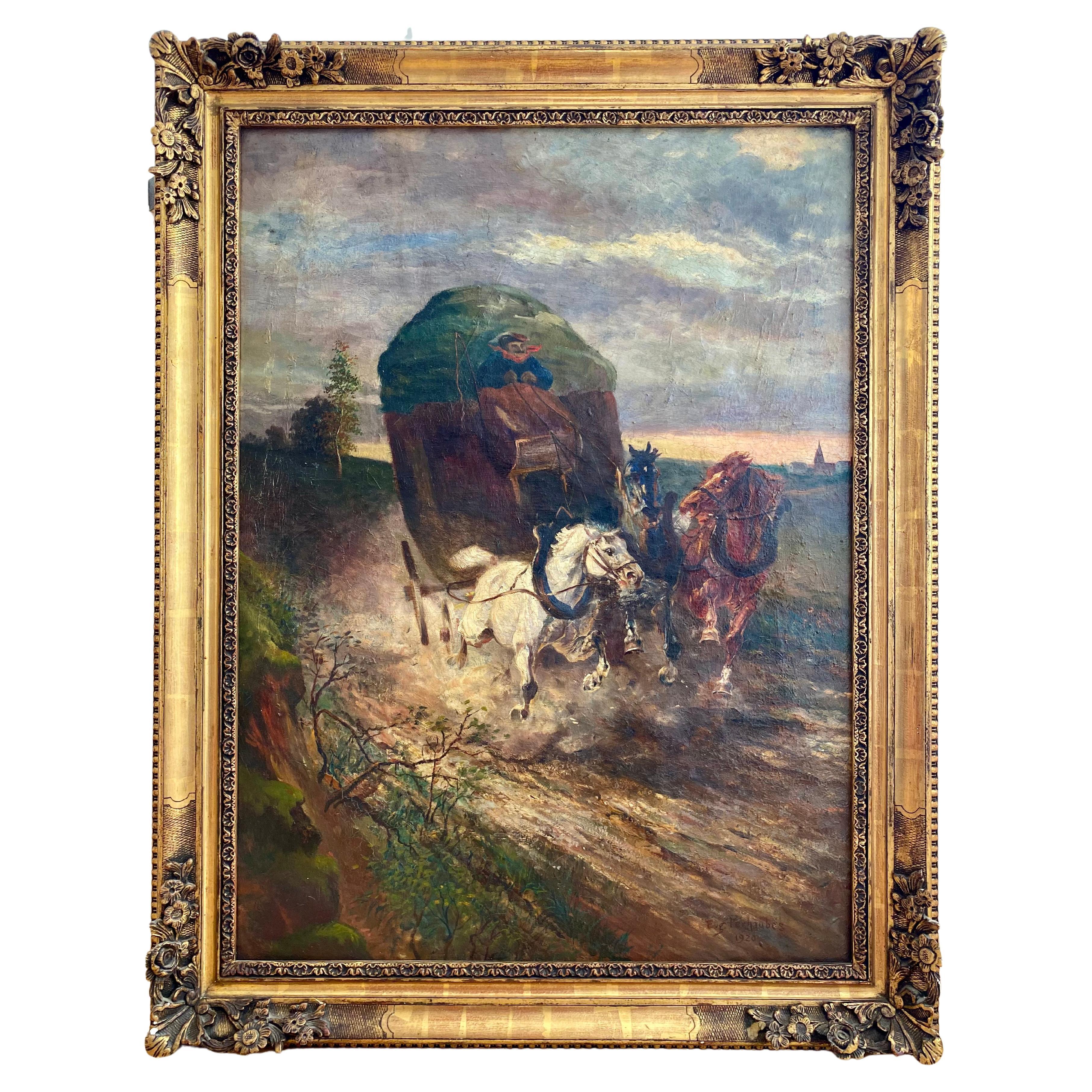 Eugène Péchaubès - Oil on Canvas, Horses Pulling a Carriole at High Speed For Sale