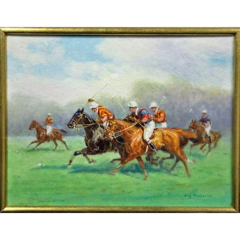 Classic French polo scene in oil on canvas by Eugene Pechaubes (1890-1967) from a Palm Beach estate

Image Sz: 10 1/8"H x 13 1/2"W

Artist Bio:  
Eugene Pechaubes (1890-1967) lived in France.  Eugene Pechaubes is known for landscape, racing, horse,