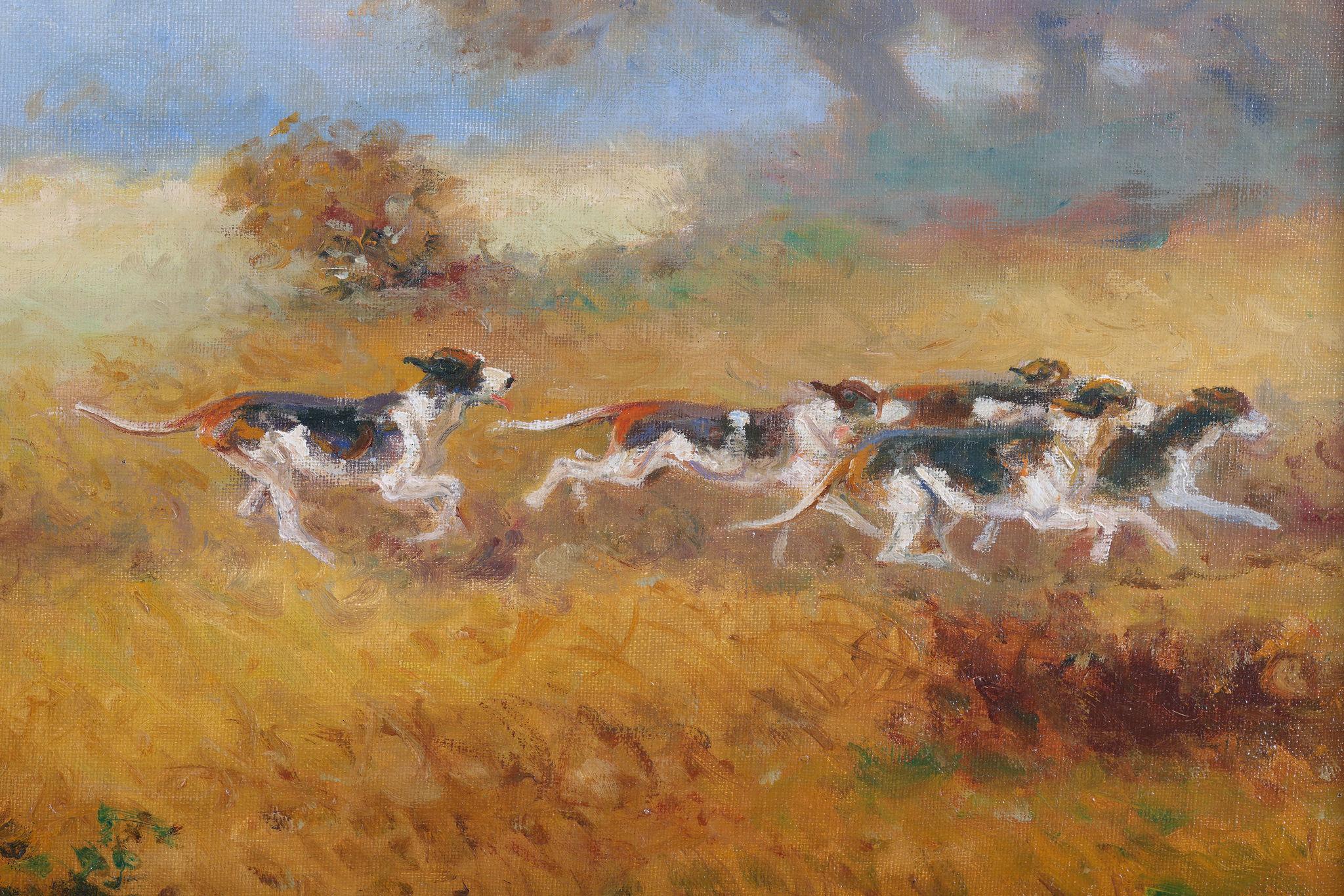 Huntsmen and Hounds on the Hunt - French School Painting by Eugene Pechaubes