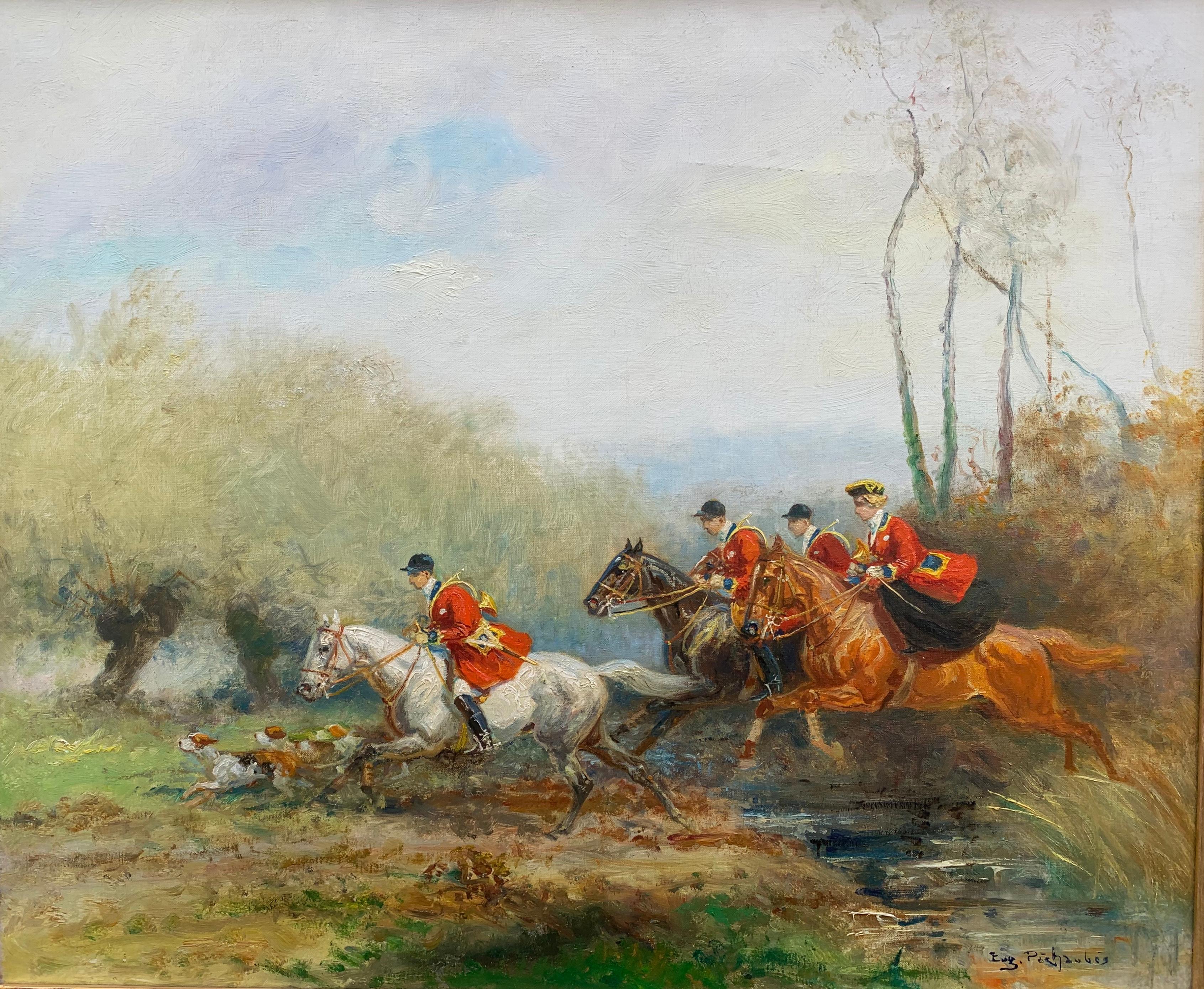 The Hunting with Hounds Oil On Canvas by Eugene Pechaubes circa 1935 For Sale 1