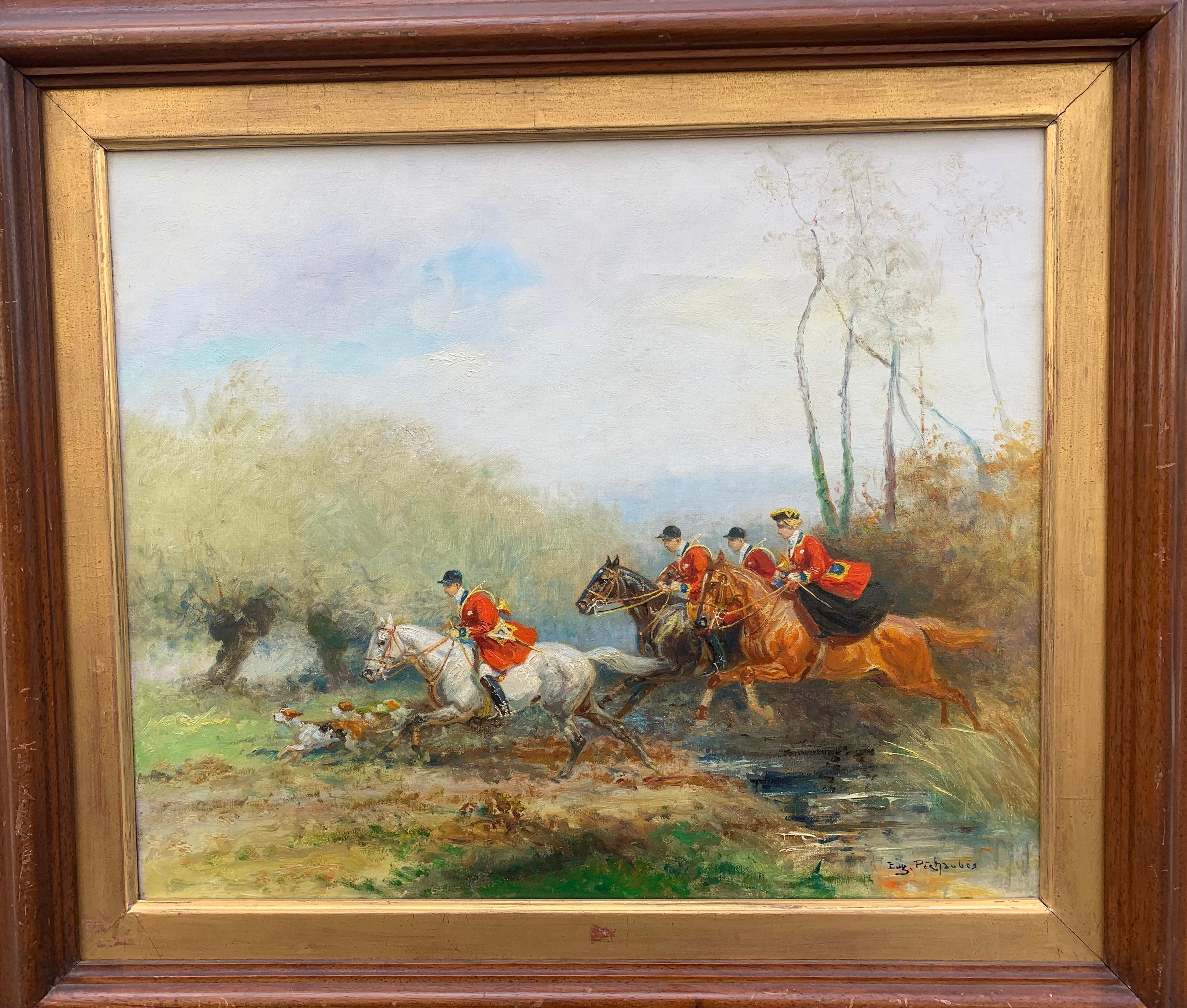 The Hunting with Hounds Oil On Canvas by Eugene Pechaubes circa 1935 For Sale 2