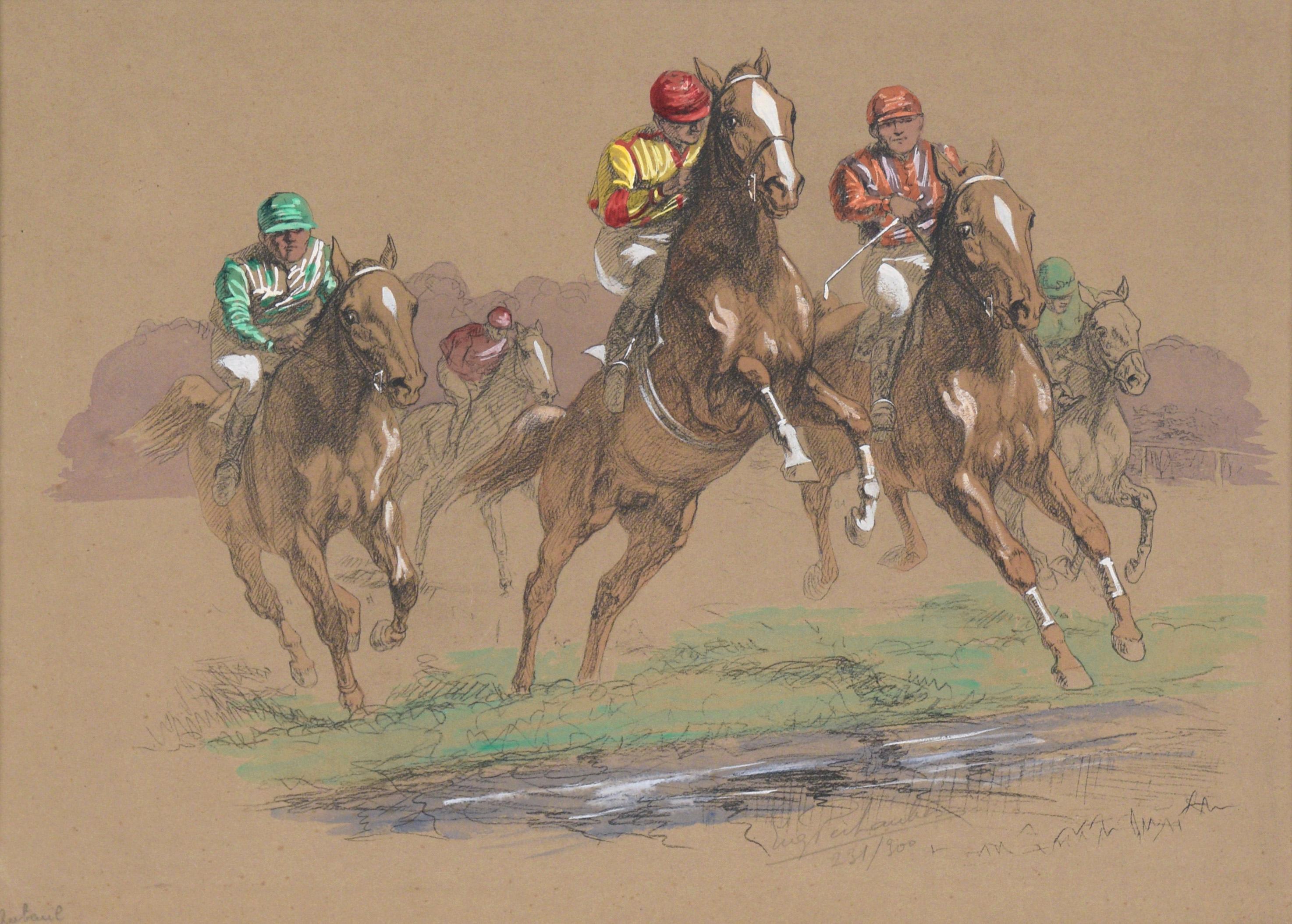 Horse Race - Hand Colored Lithograph in Gouache - Art by Eugene Pechaubes
