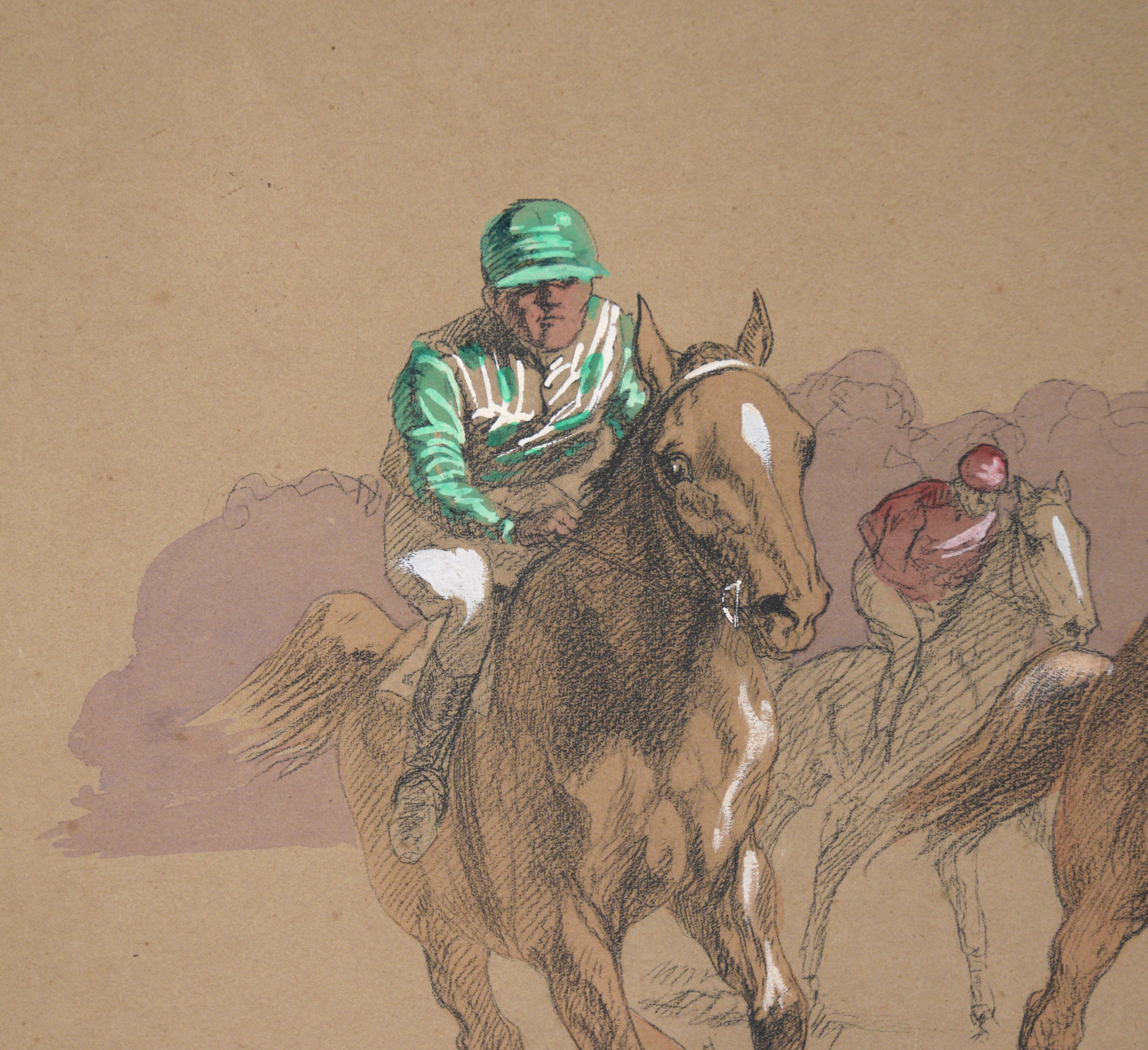 Lithographie colorée à la main en gouache

Lithographie dynamique coloriée à la main par Eugène Pechaubes (français, 1890-1967). Cinq chevaux et leurs cavaliers courent directement vers le spectateur, l'un d'entre eux sautant par-dessus un obstacle