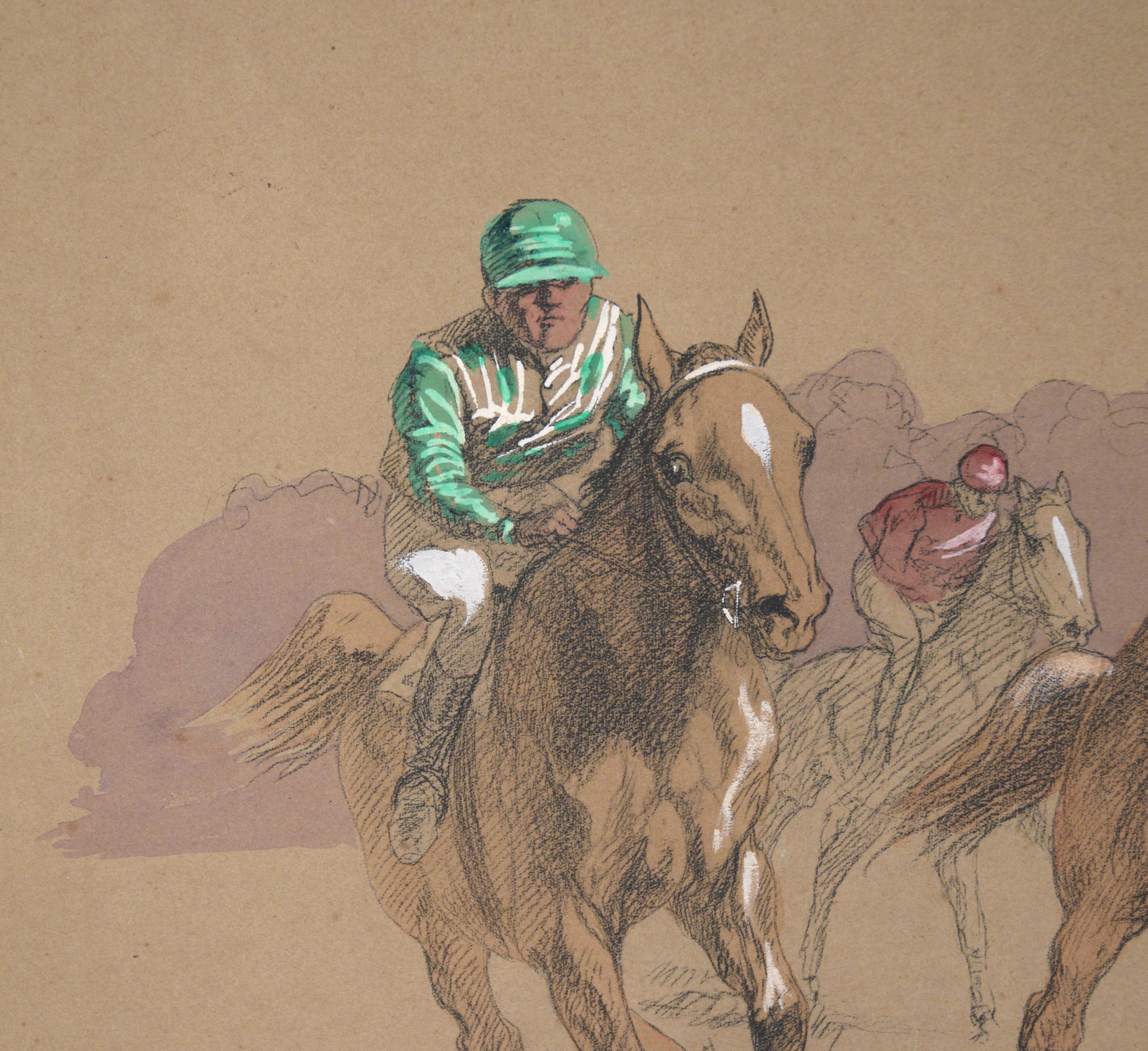 Pferderennen – handkolorierte Lithographie in Gouache

Dynamische handkolorierte Lithografie von Eugene Pechaubes (Franzose, 1890-1967). Fünf Pferde und ihre Reiter rasen direkt auf den Betrachter zu, wobei eines der Pferde über ein Wasserhindernis