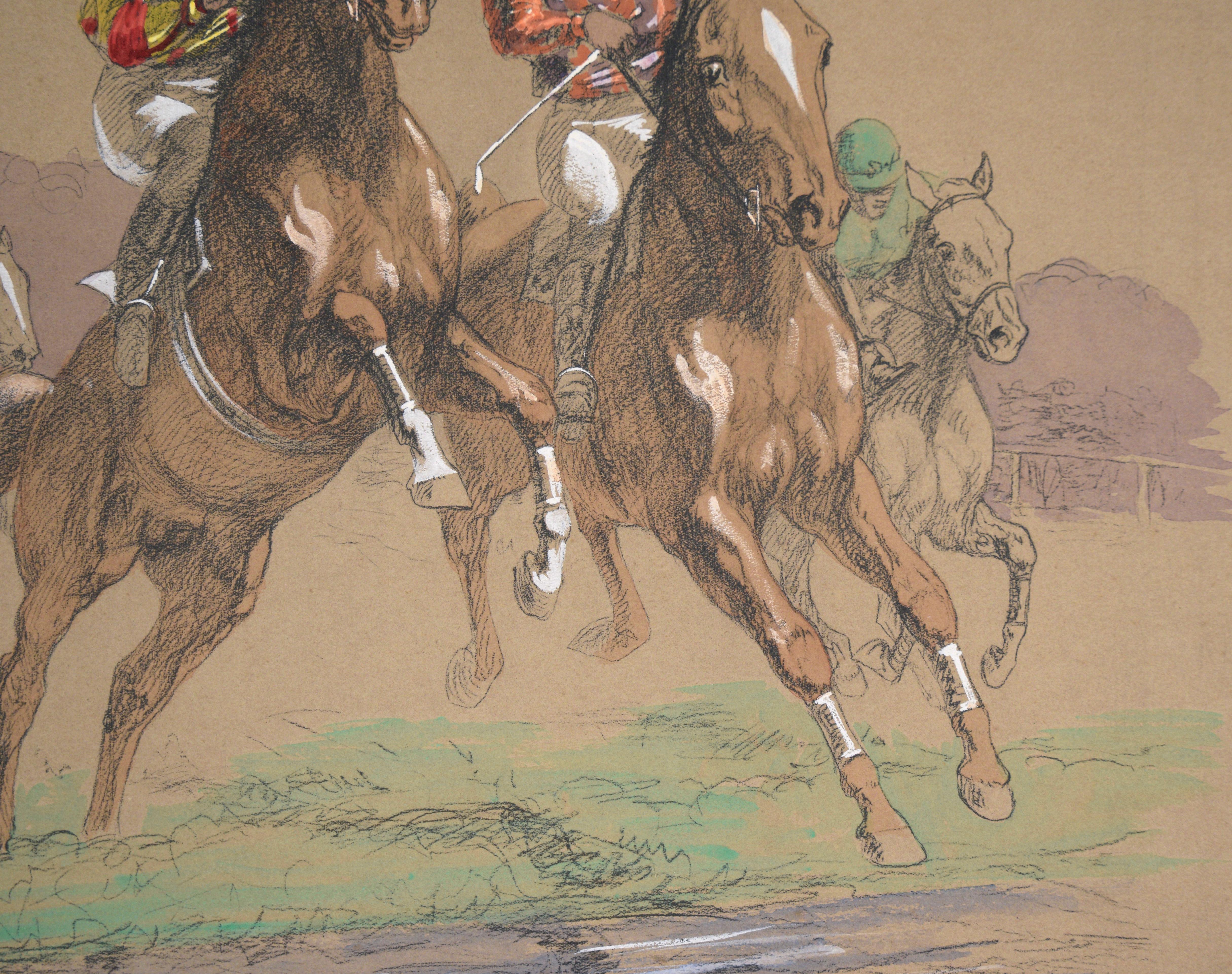 Horse Race - Hand Colored Lithograph in Gouache

Dynamic hand-colored lithograph by Eugene Pechaubes (French, 1890-1967). Five horses and their riders are racing directly towards the viewer, one of which is jumping over a water hazard. The jockeys