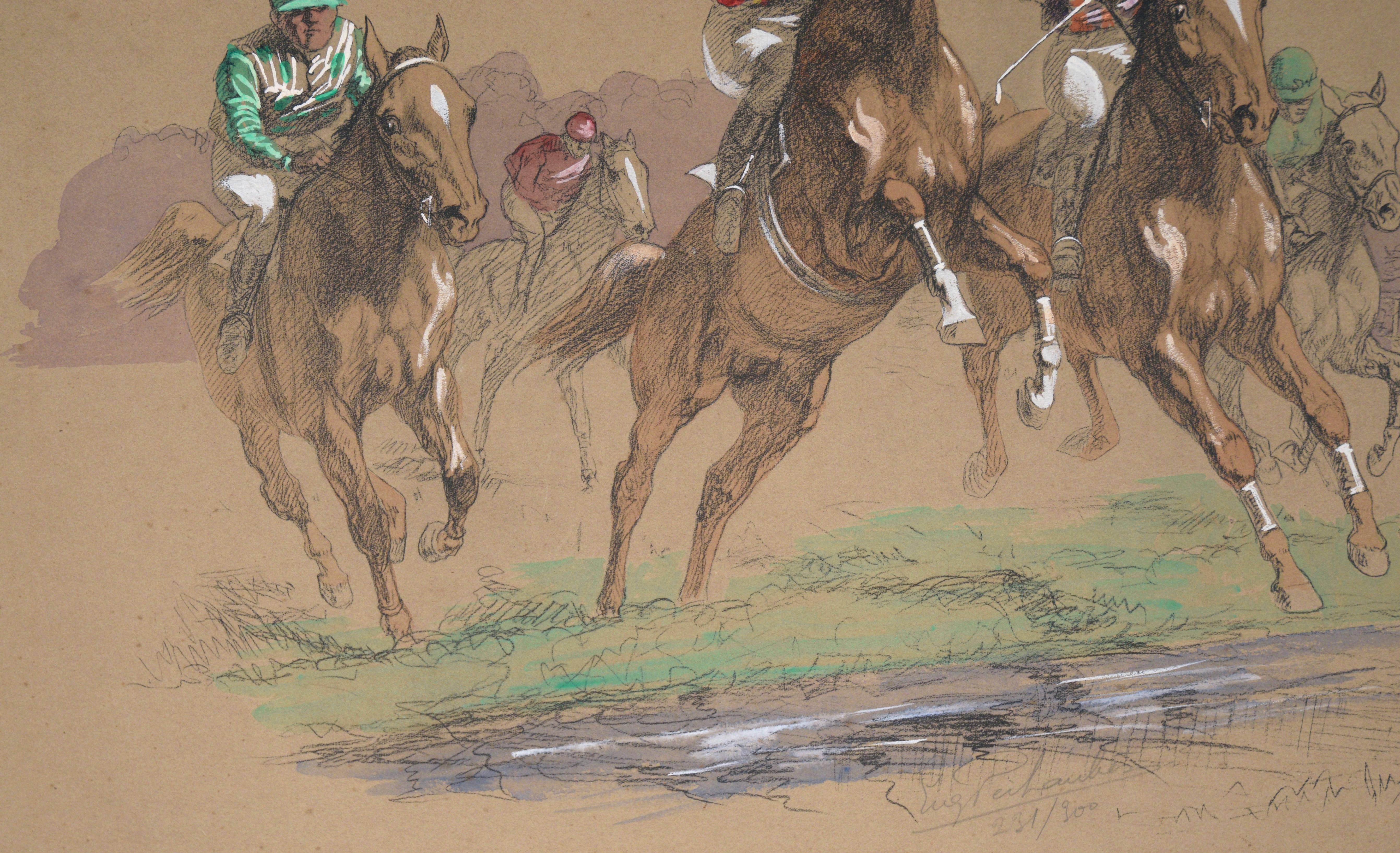 Horse Race - Hand Colored Lithograph in Gouache For Sale 1