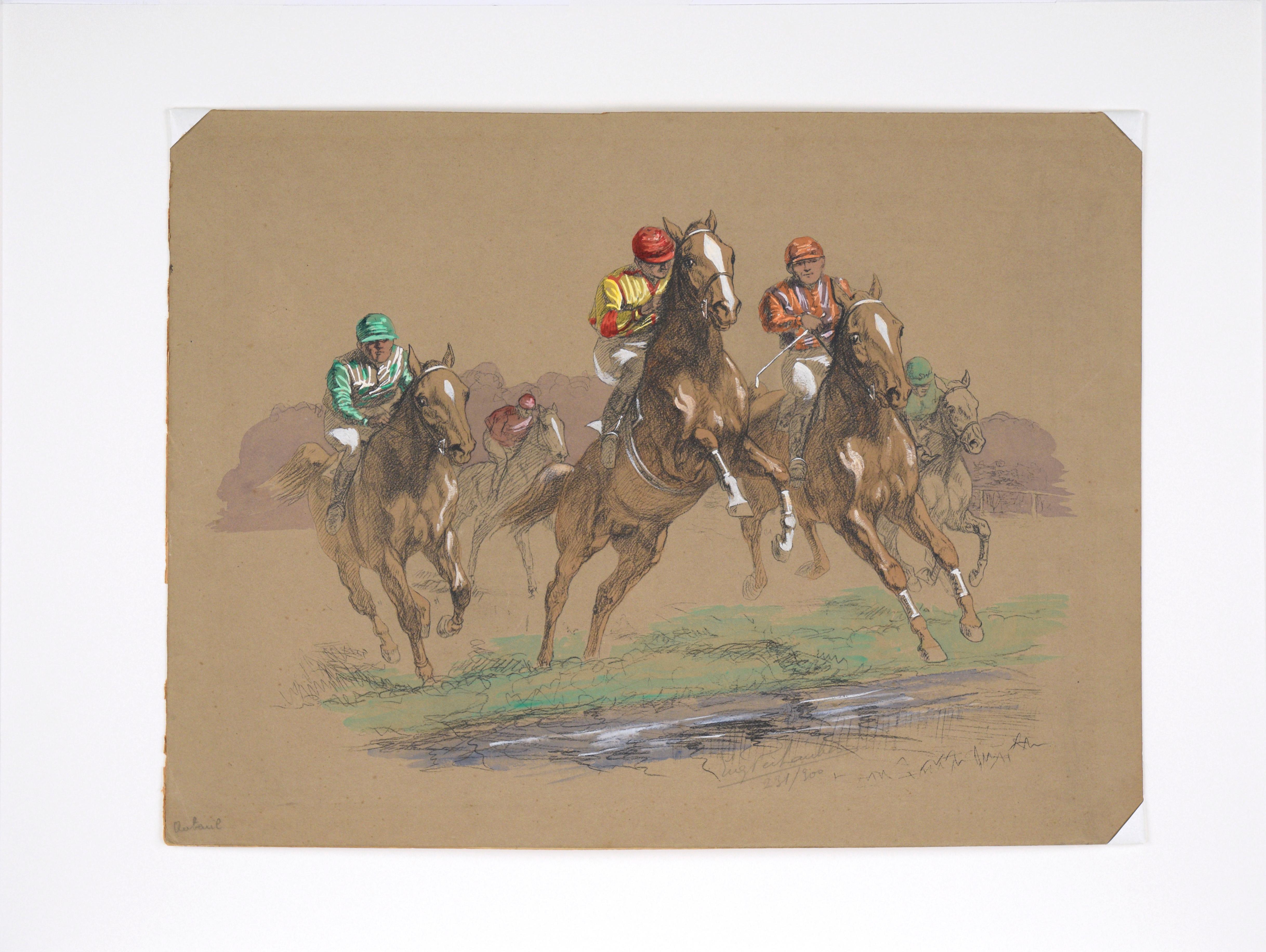Horse Race - Hand Colored Lithograph in Gouache For Sale 4