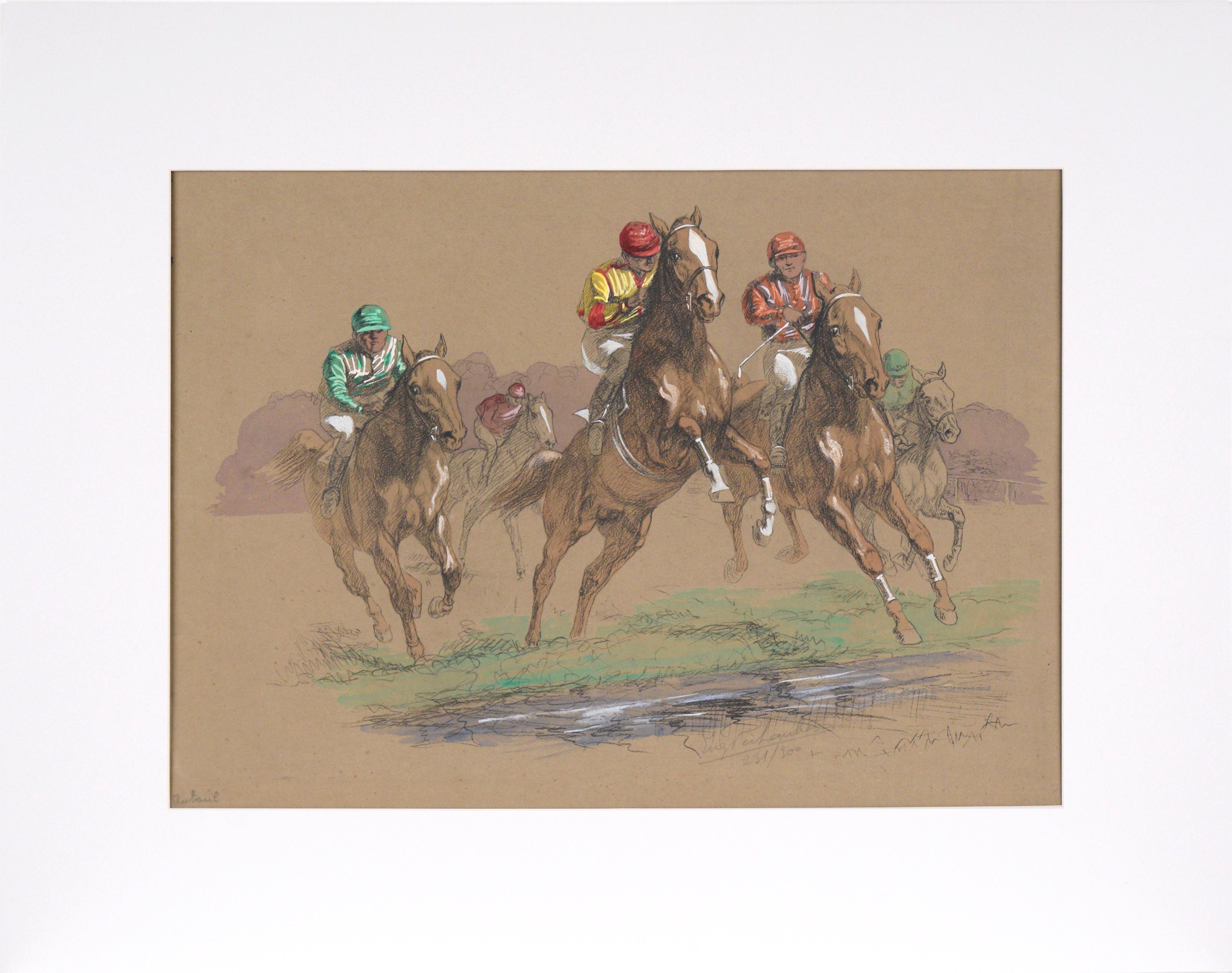 Eugene Pechaubes Animal Art - Horse Race - Hand Colored Lithograph in Gouache