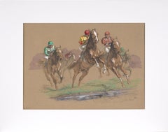 Retro Horse Race - Hand Colored Lithograph in Gouache