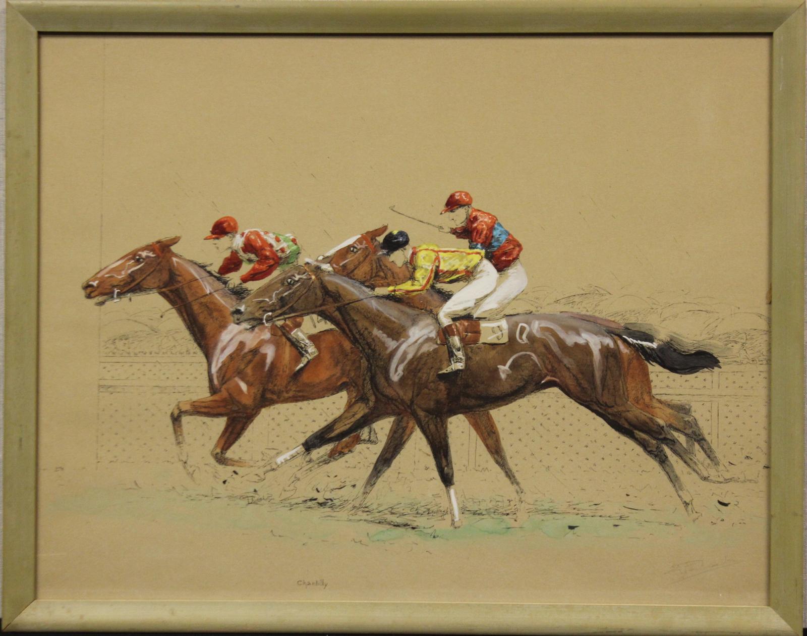 Original hand-coloured stone lithograph Races at Chantilly by Eugene Pechaubes (1890-1967) pencil signed (LR)

Print Sz: 18 1/4"H x 23 1/2"W

Frame Sz: 20 1/4"H x 25 1/2"W