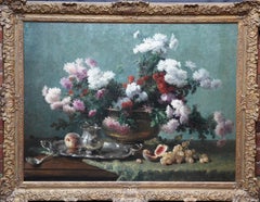 Chrysanthemums in Urn - French 19th Century still life floral art oil painting