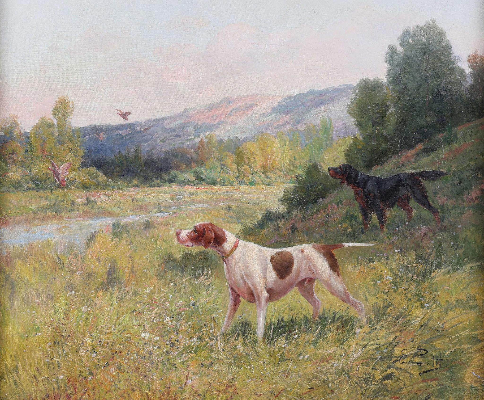 The Ones that Gotting Away - Deux chiens d'arrêt au bord d'une rivière - Painting de Eugene Petit