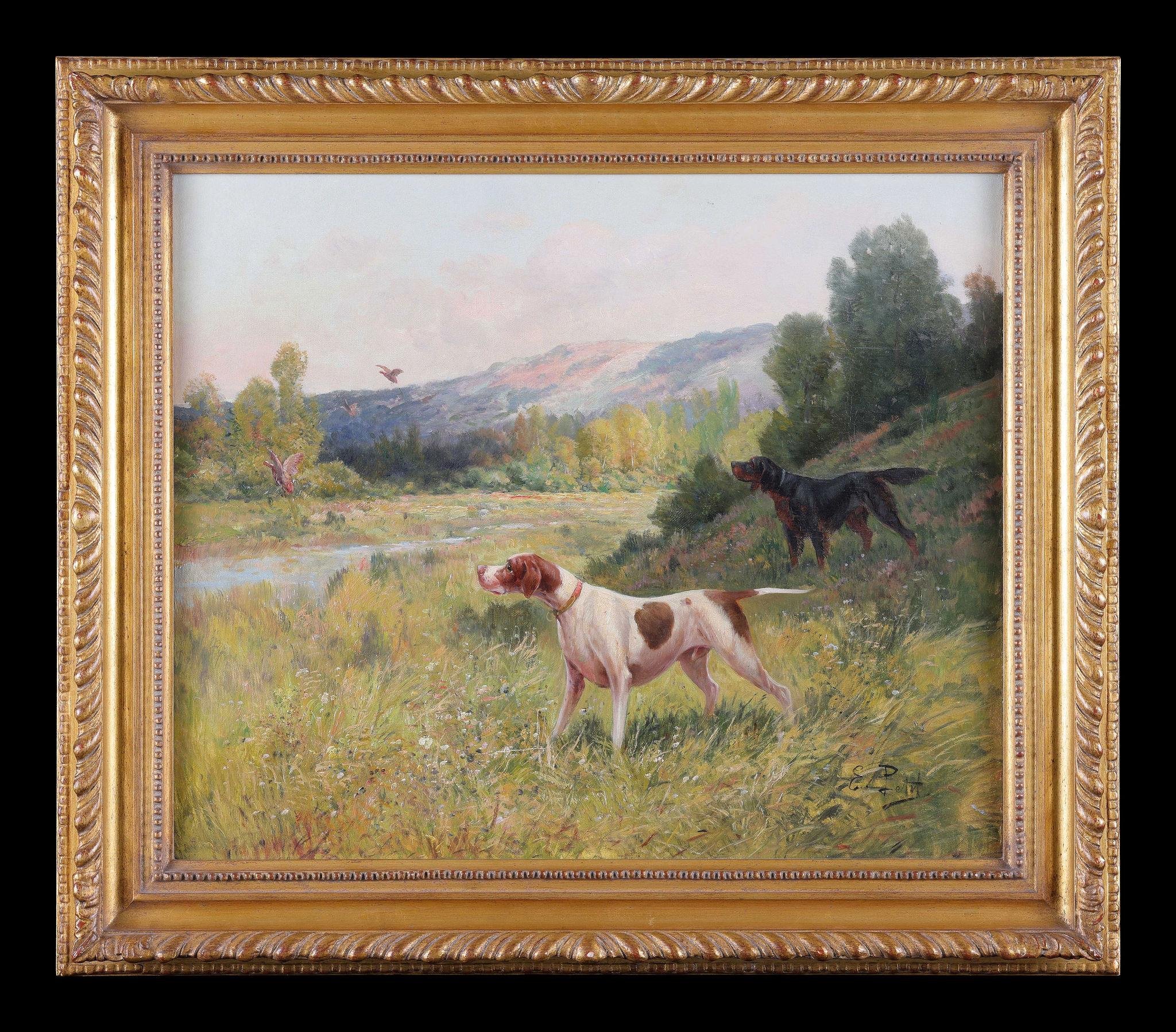 Eugene Petit Landscape Painting - The Ones that Got Away - Two Pointer Dogs by a River