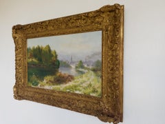French Landscape With River, Impressionist Oil on Canvas 1904, Framed