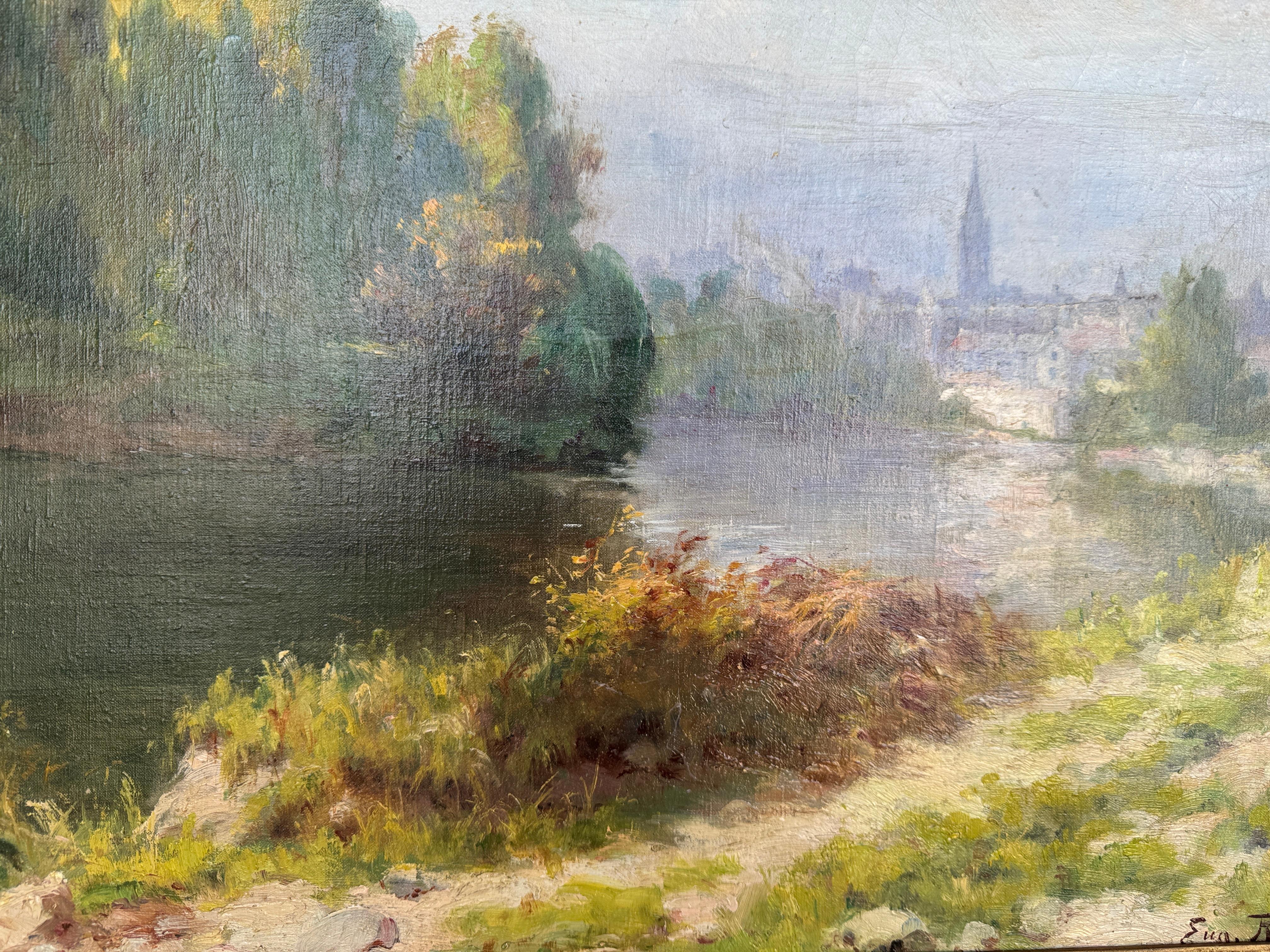  Französische Landschaft mit einem Fluss und Bäumen
Künstler signiert und datiert 1904 unten rechts, Leinwand 16x26 Zoll. Der Anstrich wurde zuvor unterfüttert und restauriert,  antiker Rahmen.
Eugéne REGAGNON (1875-1957) Französisch.
Maler von
