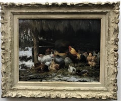 Gallina, gallo y pato en el establo nevado, óleo sobre tabla, autentificación del artista