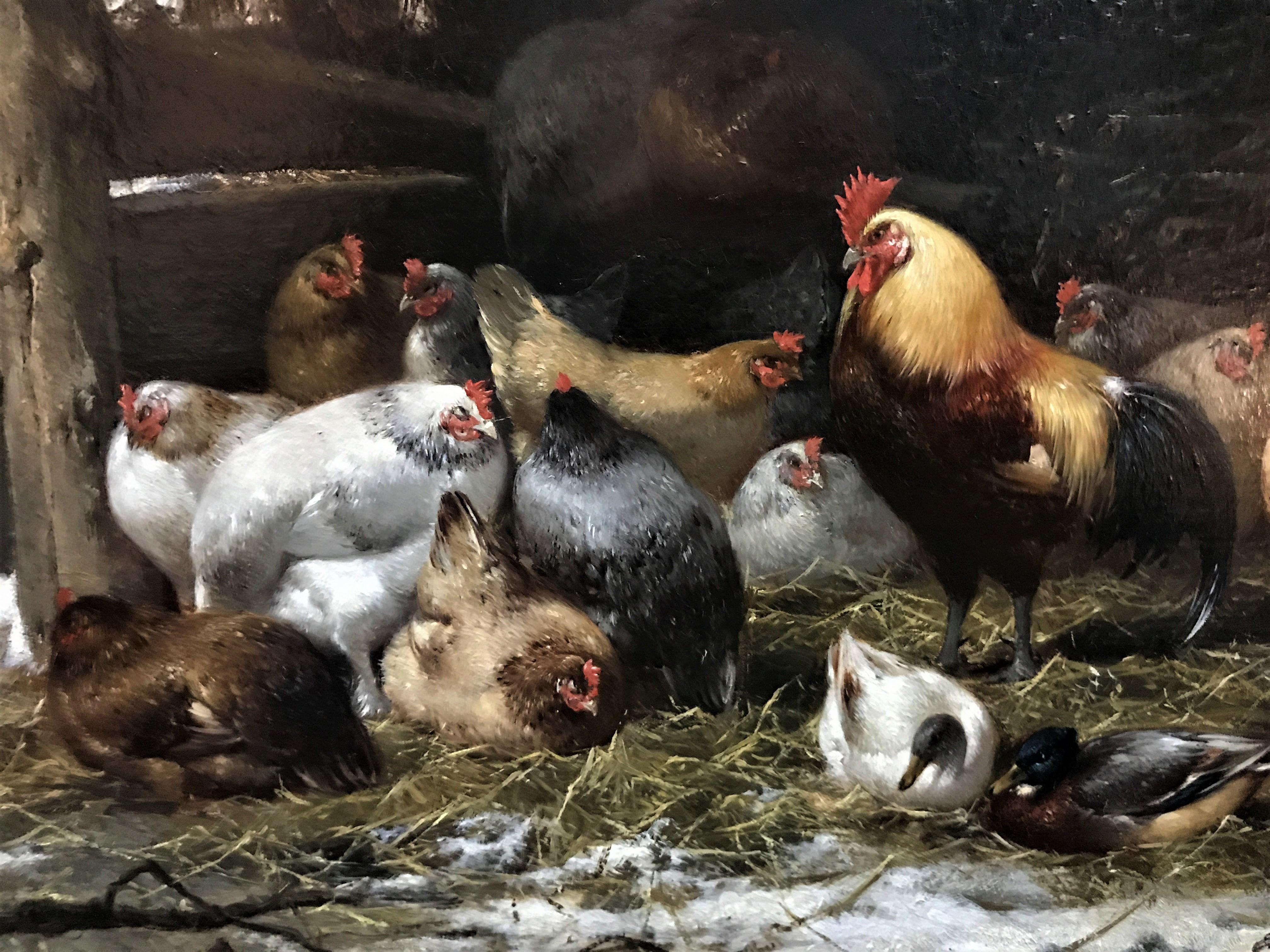 Gallina, gallo e anatra nella stalla innevata, olio su tavola, autenticazione dell'artista - Painting Scuola fiamminga di Eugène Rémy Maes