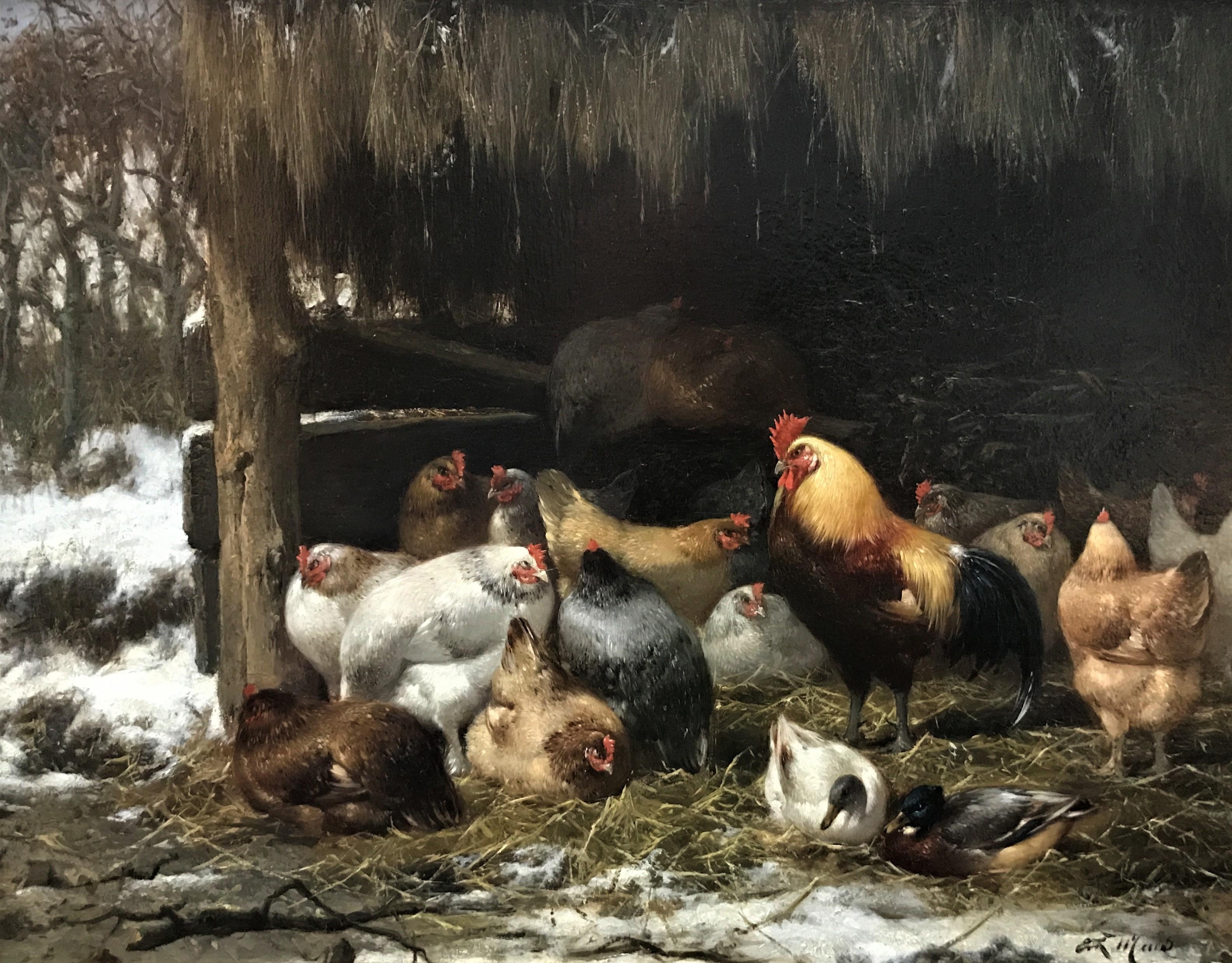 Gallina, gallo y pato en el establo nevado, óleo sobre tabla, autentificación del artista