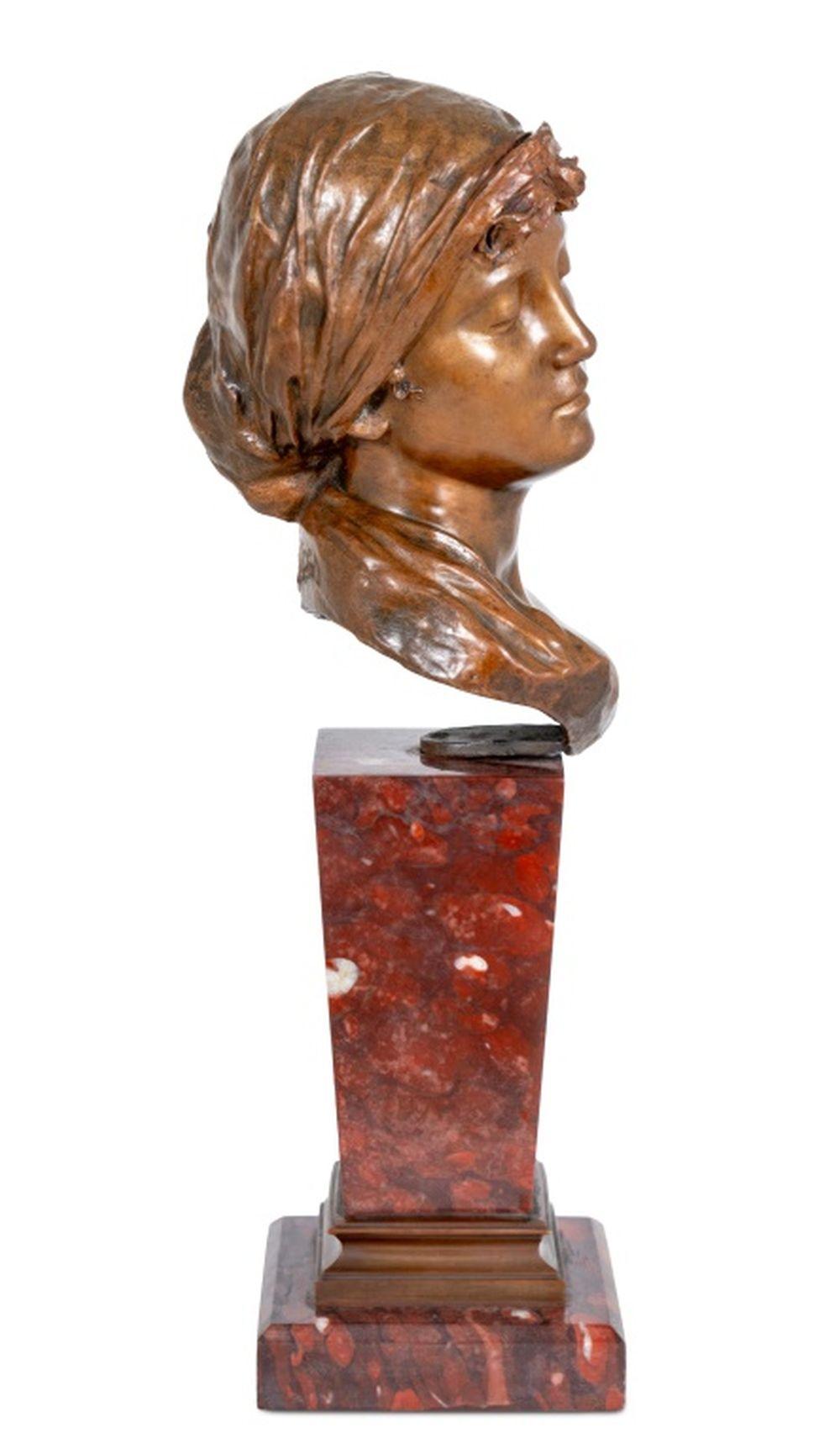 Eugene Rossi (Italian, XIX-XX) Portrait Bust of a Woman, Patinated Bronze and Rouge Griotte Marble, early 20th century, depicting a Neapolitan woman, signed. 15