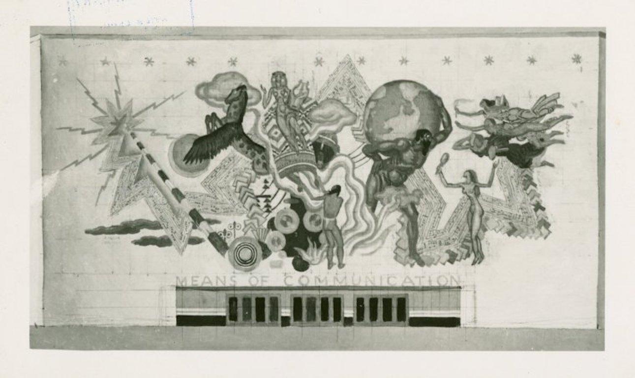 NYC 1939 World's Fair Wandbildstudie Amerikanische Szene WPA Modern Mitte 20.

Eugene Savage (1883 - 1978)
Studie zum Wandbild der Weltausstellung 1939
45 x 30 Zoll
Öl auf Leinwand
Signiert unten rechts

Das Gemälde ist Teil einer 1.000 Stücke