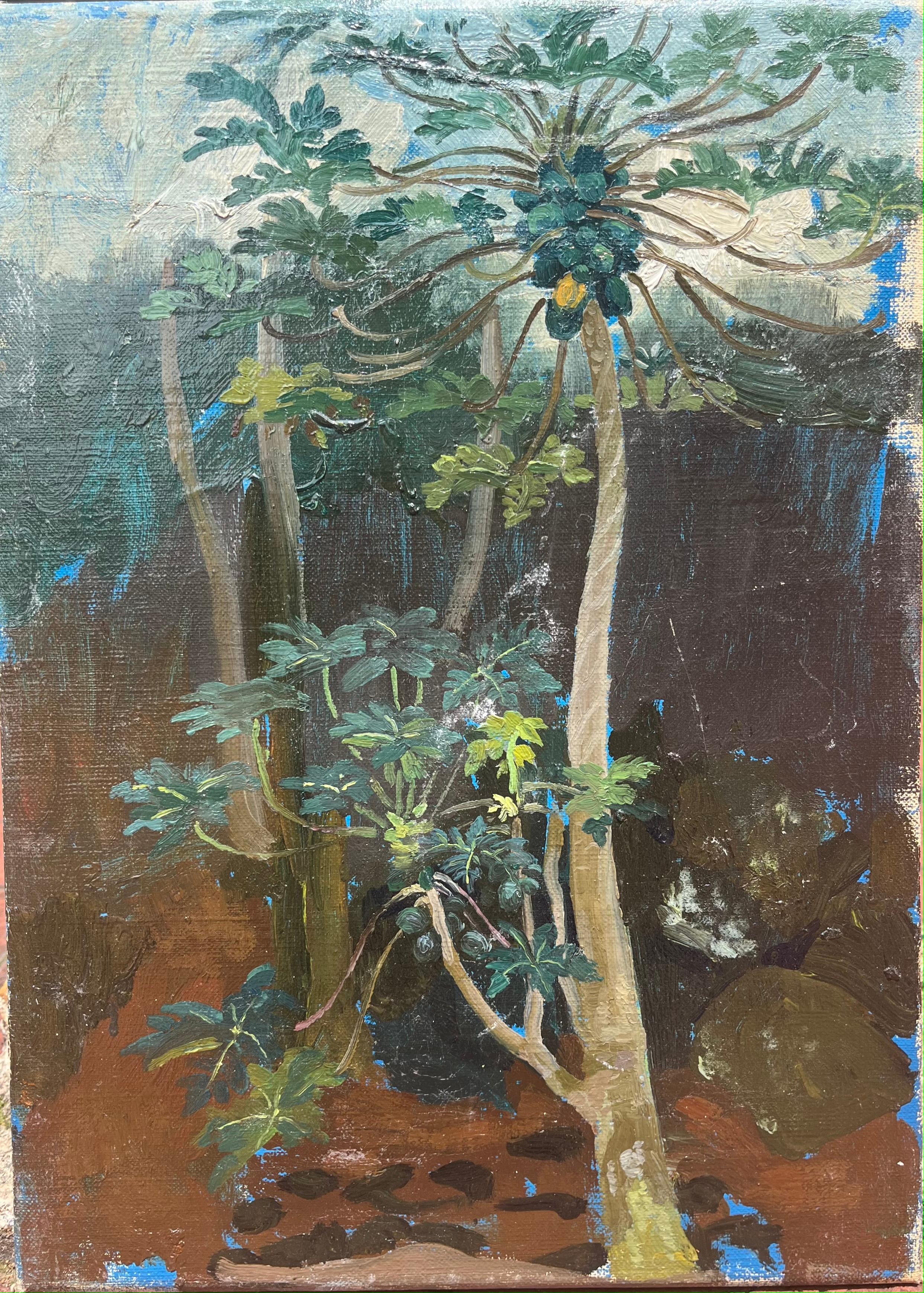Abstract Painting di Eugene Savage - Paesaggio a olio di interni di foresta hawaiana