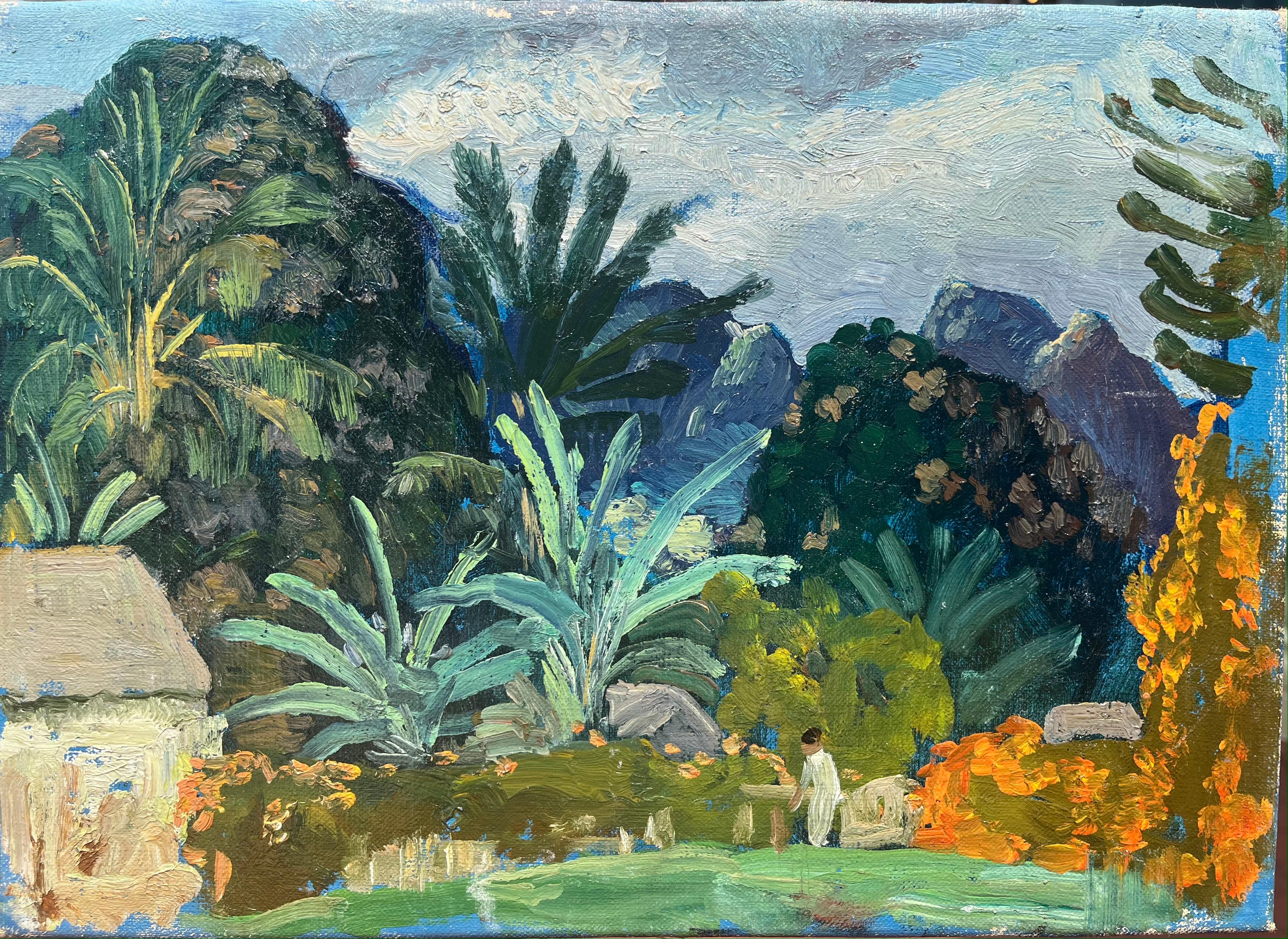 Eugene Savage Abstract Painting – Öl-Landschaft eines Hawaii-Gartens