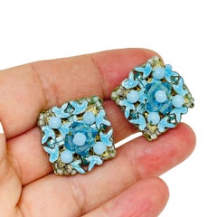EUGENE signed gold tone blue glass beads enamel designer clip on earrings