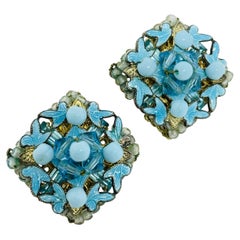 EUGENE signed gold tone blue glass beads enamel designer clip on earrings
