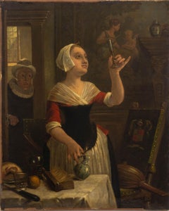 Woman in an Interior Scene, Oil on Canvas Mounted on Panel, 19th Century