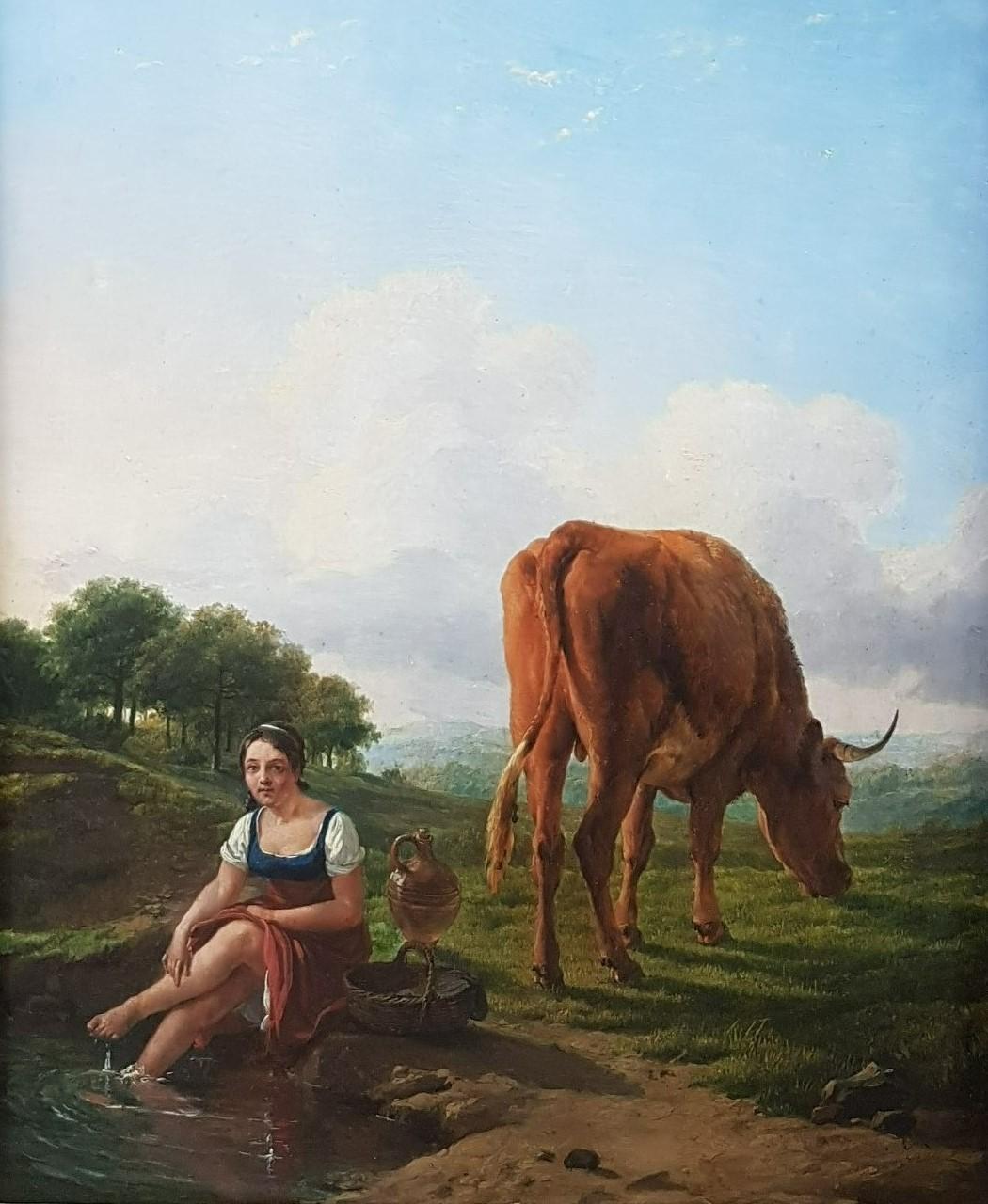 Painting Belgian 19th animal painter VERBOECKHOVEN woodLandscape cow sheperdess  - Blue Landscape Painting by Eugène Verboeckhoven