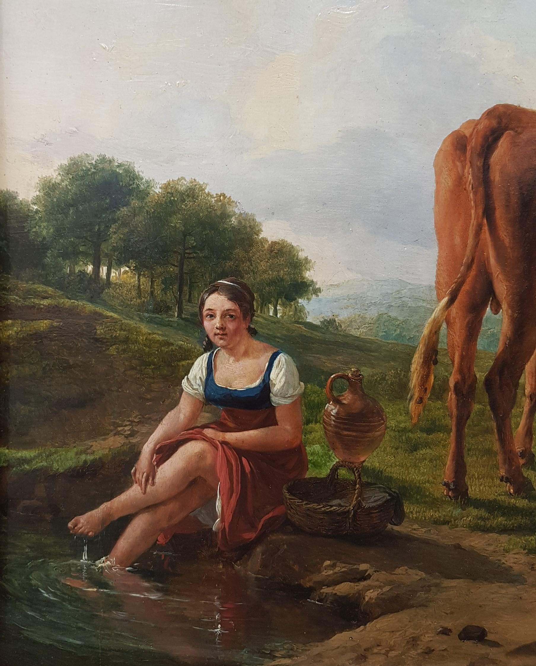 Painting Belgian 19th animal painter VERBOECKHOVEN woodLandscape cow sheperdess  For Sale 1
