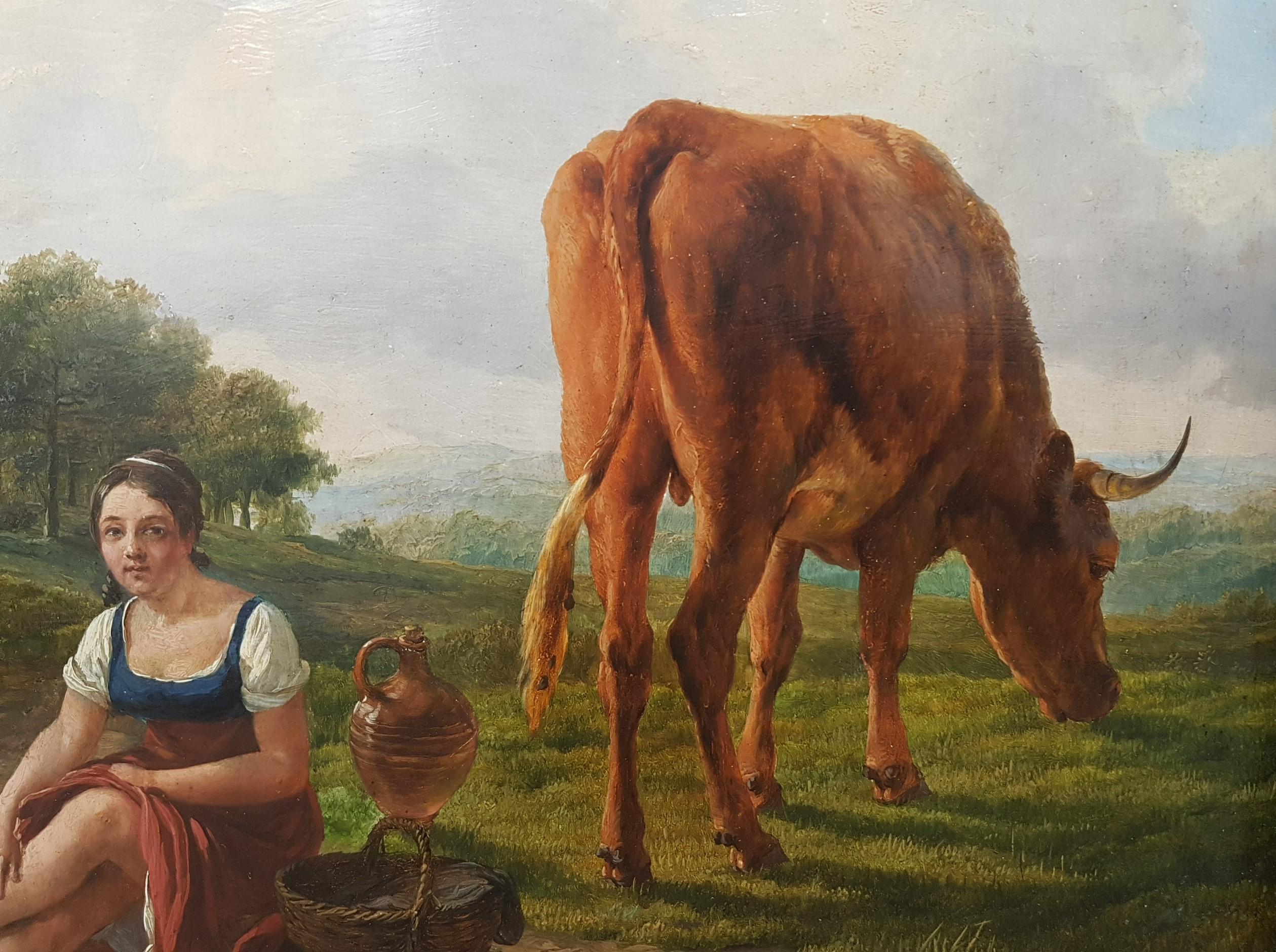 Painting Belgian 19th animal painter VERBOECKHOVEN woodLandscape cow sheperdess  For Sale 2