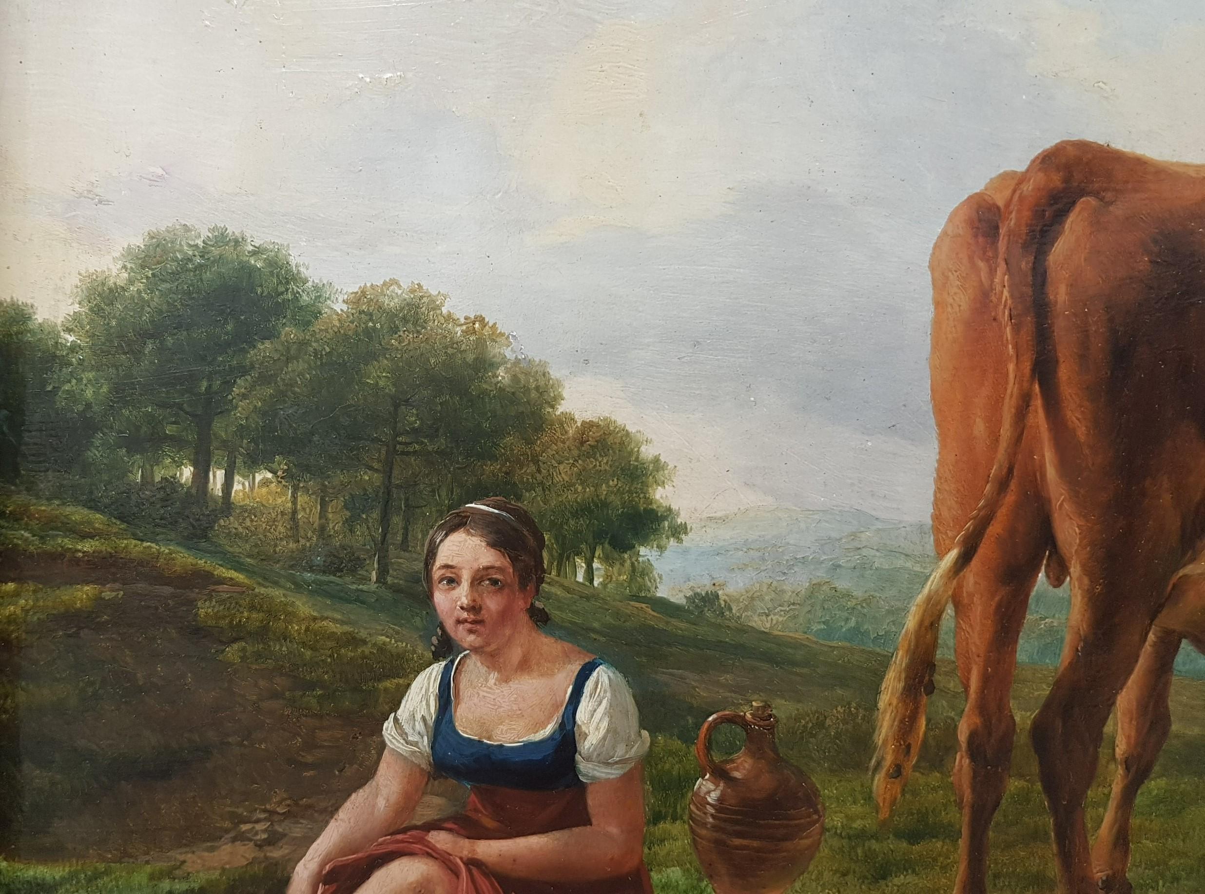Painting Belgian 19th animal painter VERBOECKHOVEN woodLandscape cow sheperdess  For Sale 3